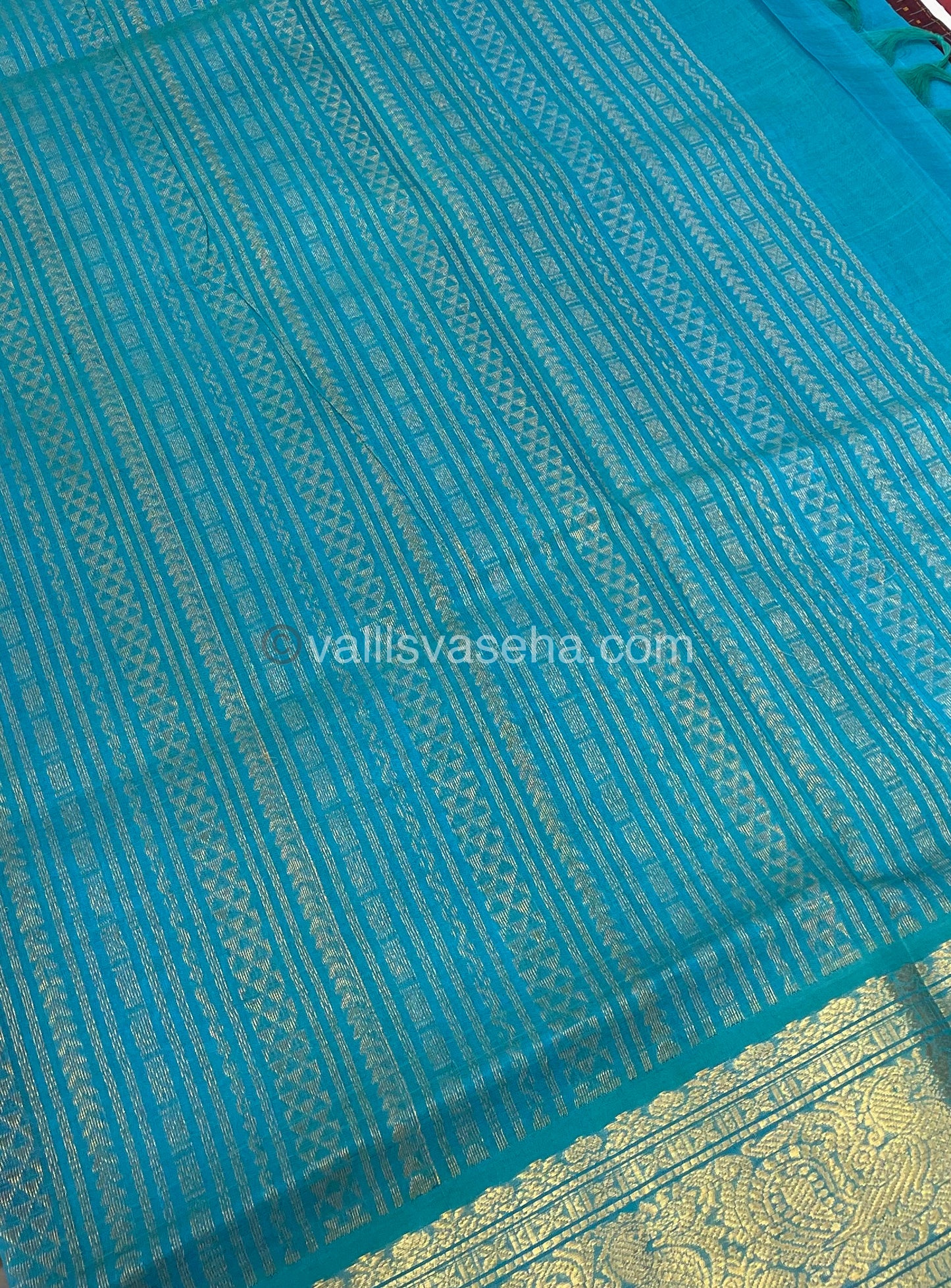 Pure Silk Cotton Saree - Maroon With Turquoise Blue Shade- Lakshadeepam Design - VVPLD001