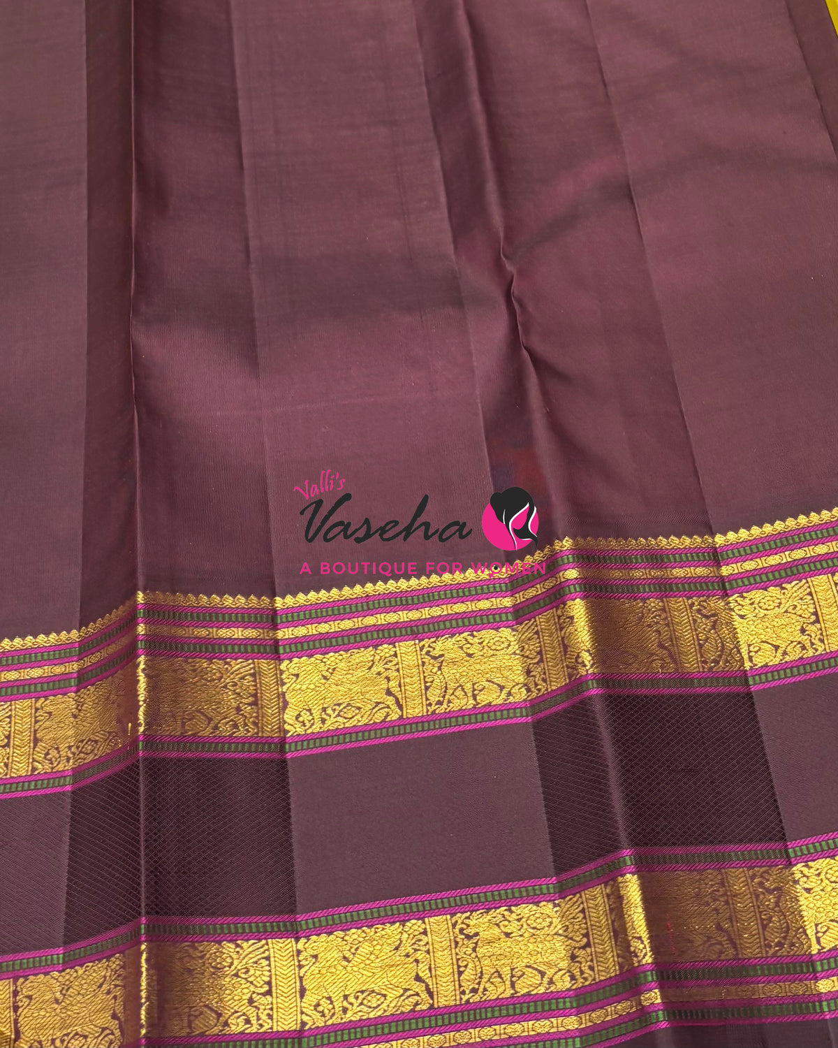 Pure Vintage Korvai Kanchipuram Silk Saree - Lemon Yellow With Wine Brown - VVPS102