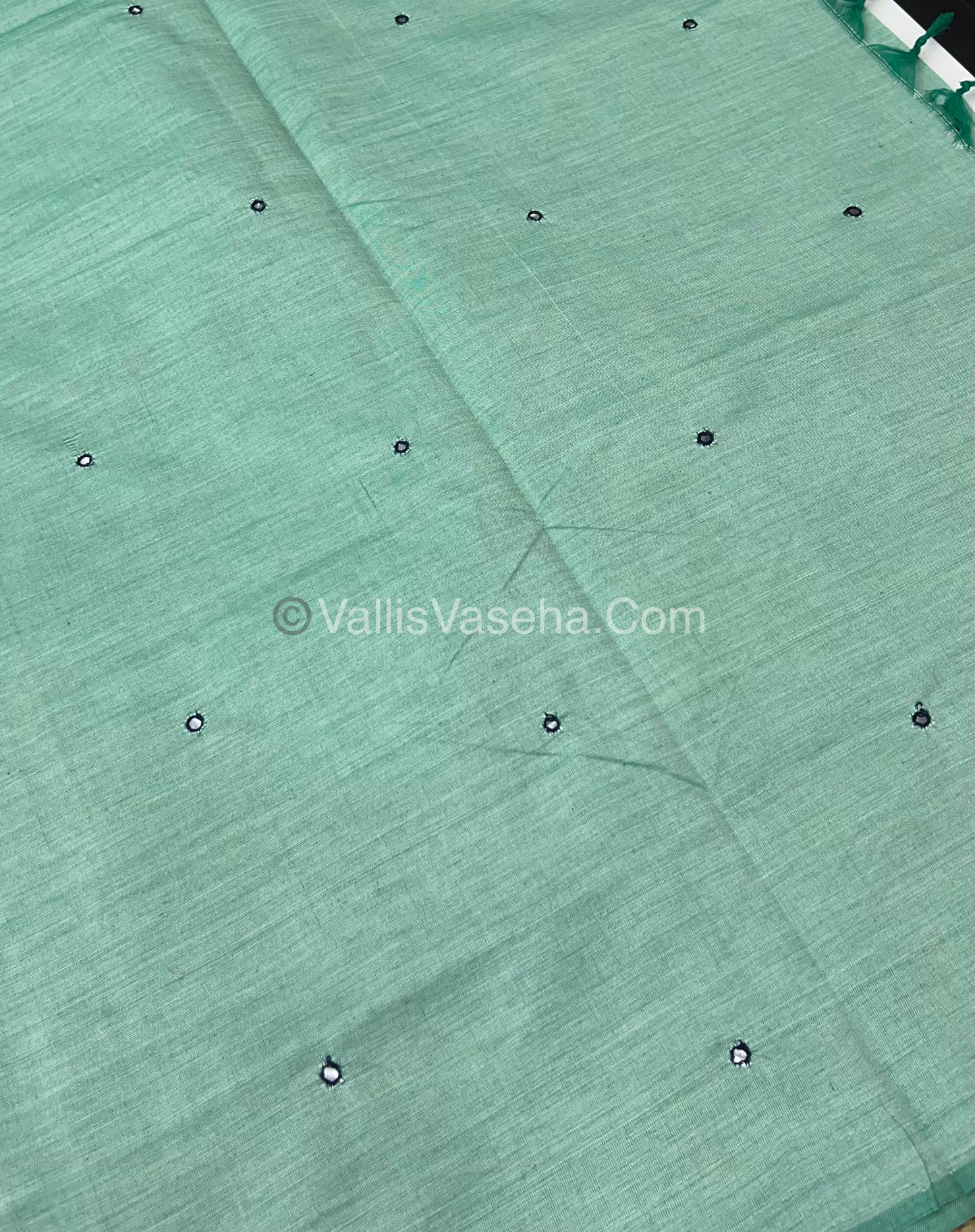 South Mixed Cotton - Mirror Work Embroidery - Light Pastel Green With Blue - VVPCM002