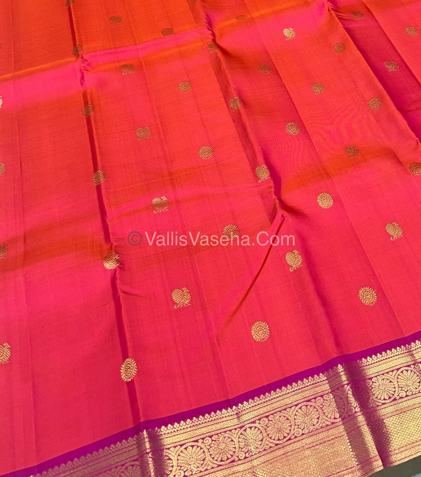 Pure Kanchipuram Silk Saree - Peach with Pink Combo - VVPS011