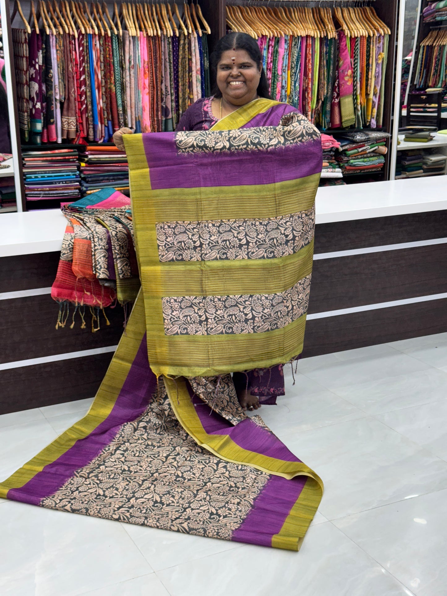 Semi Tussar - Purple & Green Border - VVSTS005