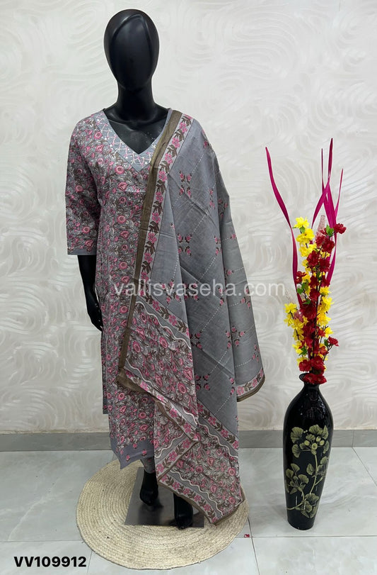 (Ready Made - Anarkali - Salwar, Kameez & Duppatta(3pc)- Printed Cotton - VVAS003