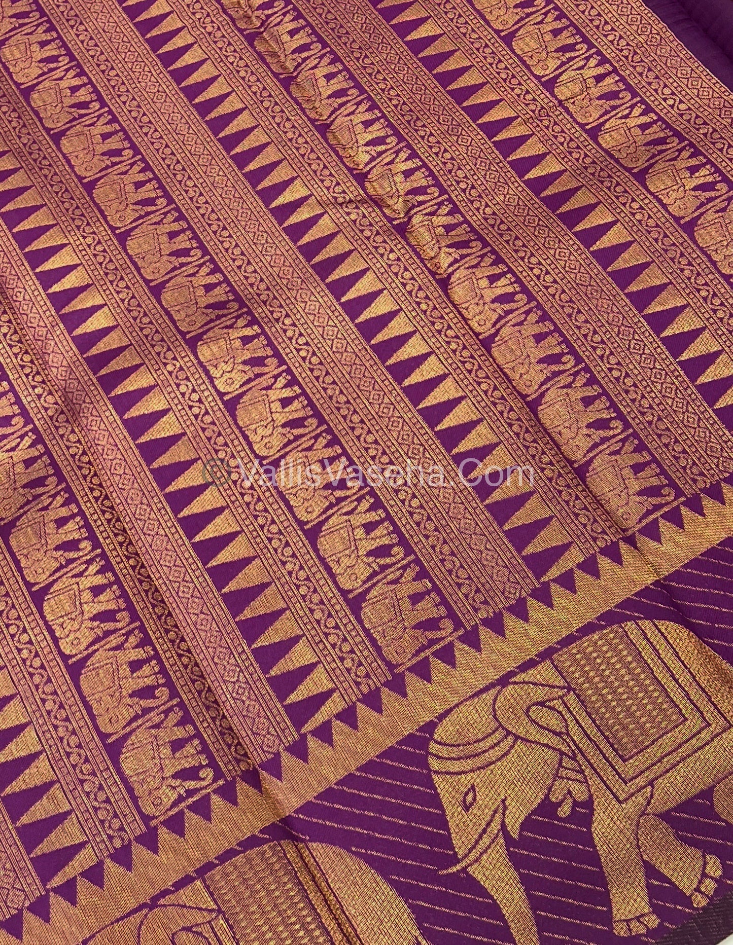 Semi Silk Saree - Kanchi Silk Style - Elephant Border - Peach with Purple - VVSSS005