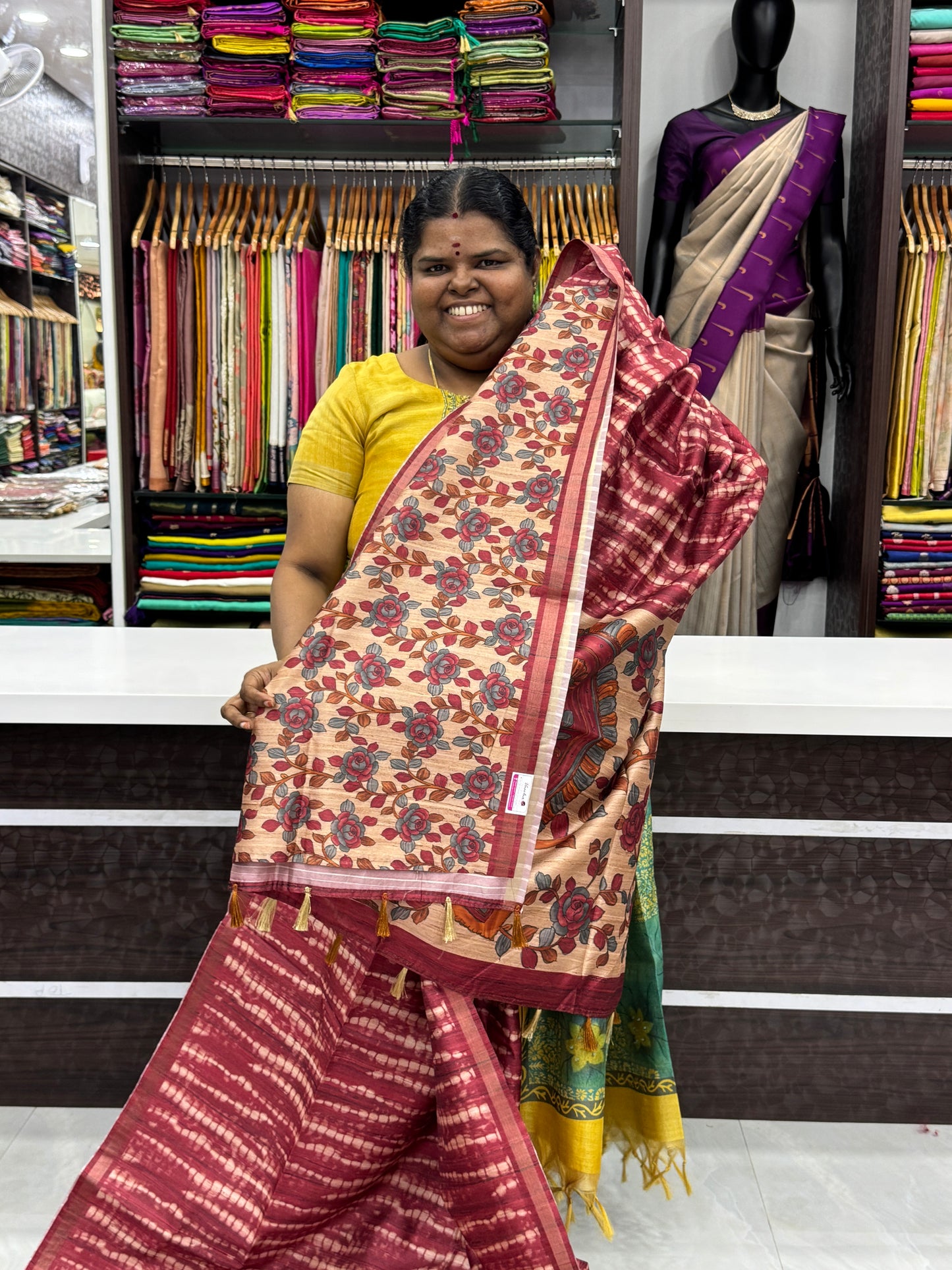 Semi Matka Tussar Silk Saree - Shibori pattern - Merun Shade - VVSMT001