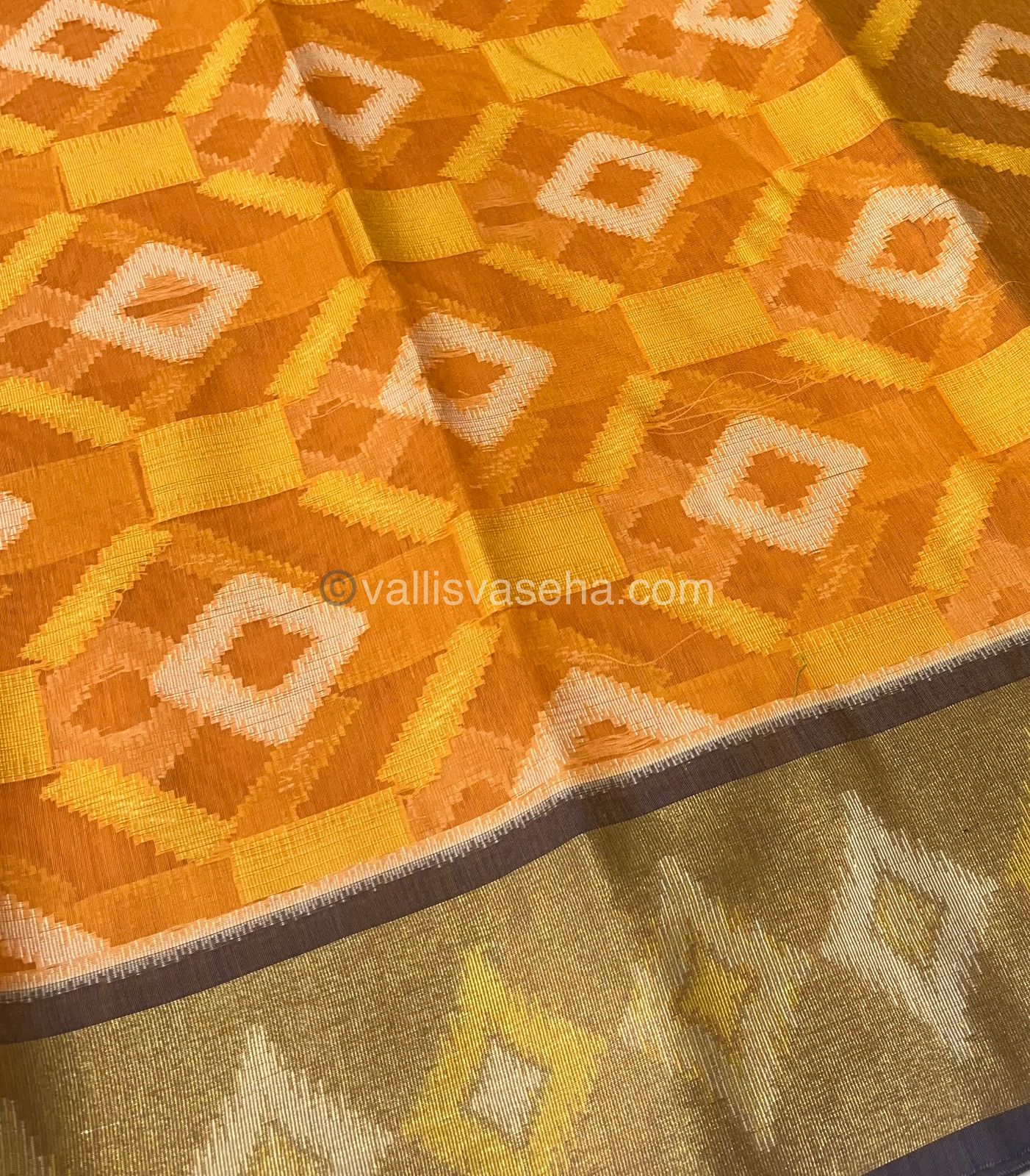 Banarasi Pochampally Weaving Semi Soft Cotton Saree - Yellow with Navy Blue - VVBPS001