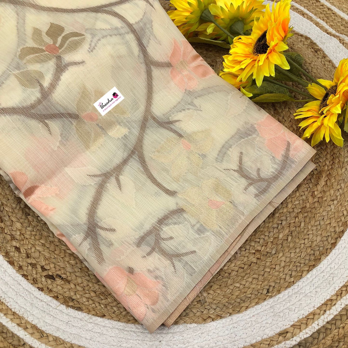 Semi Raw Silk with Jamdhani Design Weaving - Cream Shade - VVRS001