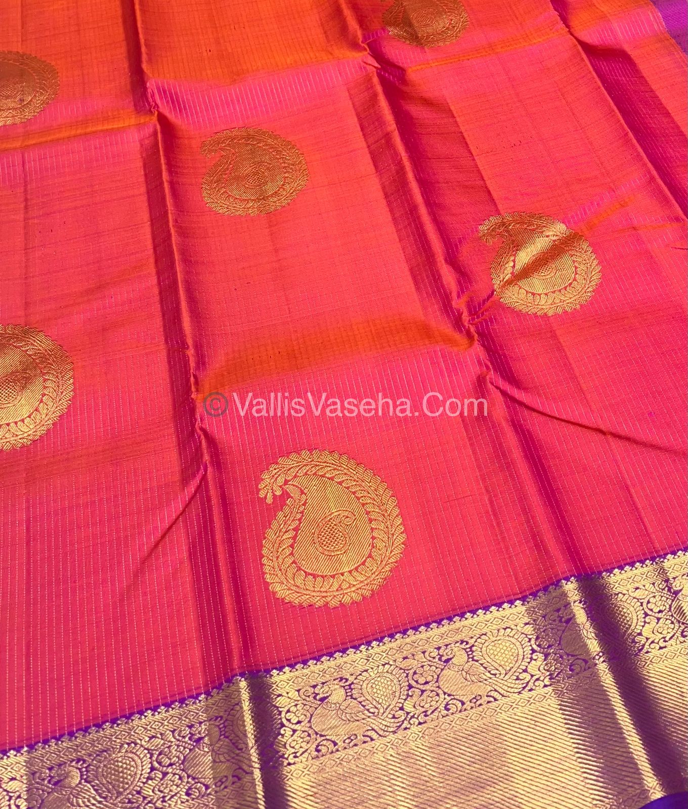 Pure Kanchipuram Silk Saree - Pinkish Peach with Purple combo VVPS011