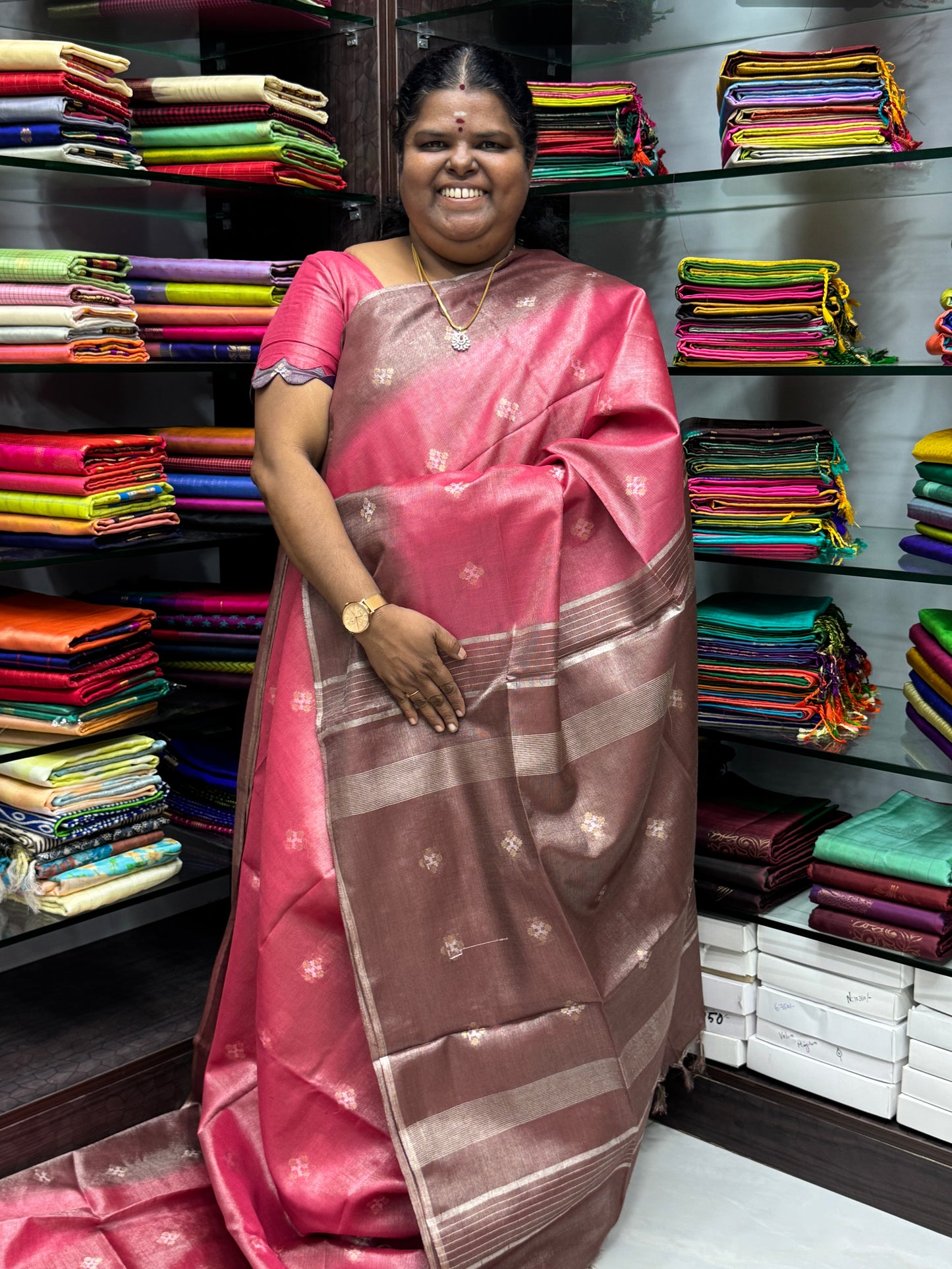 Bhagalpuri Silk - Vaira Voosi Lines - Pink & Chocolate Brown Combo - VVBSV001