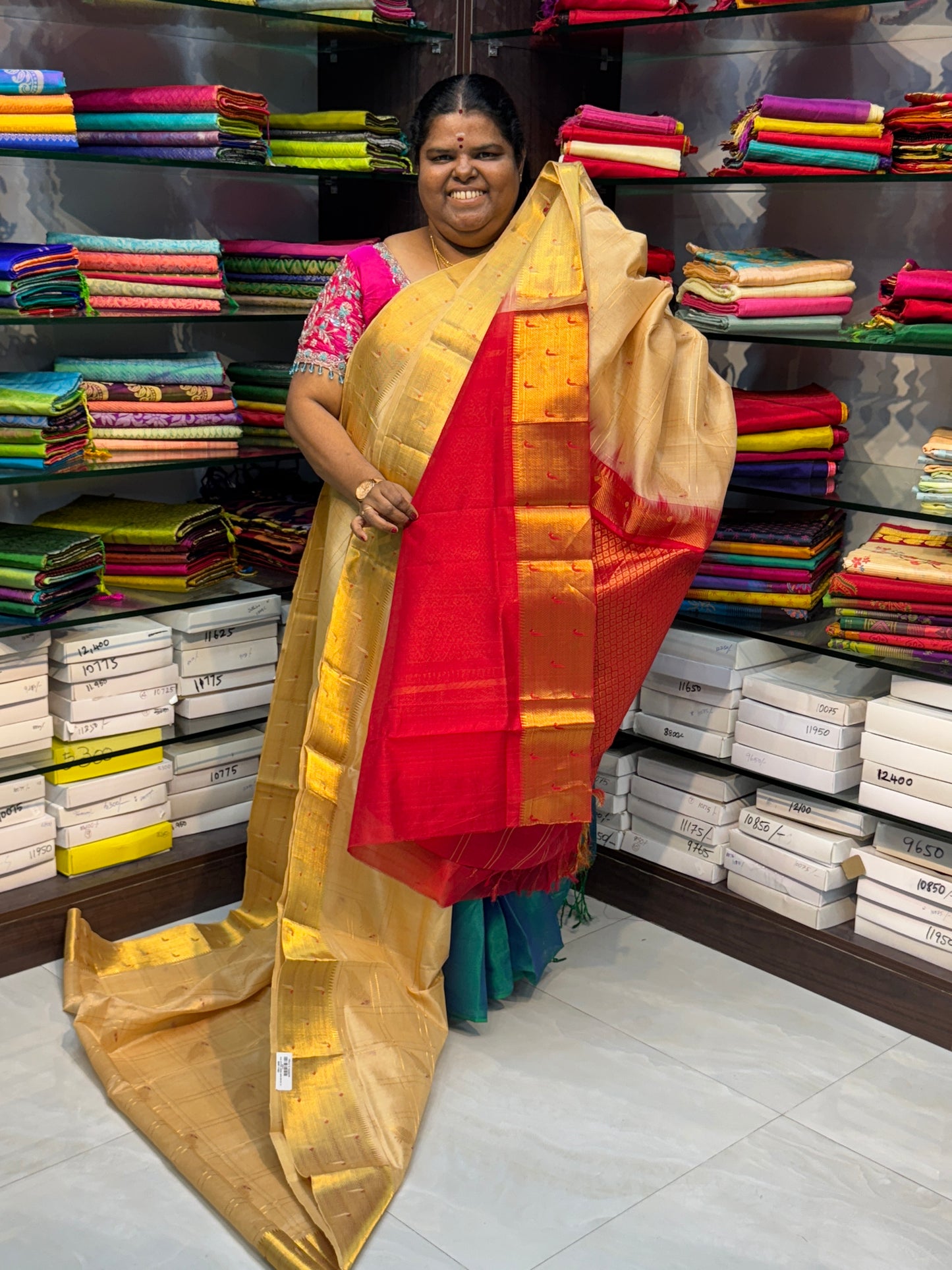 Pure Silk Cotton Saree - Paithani border - Cream & Red Combo - VVPSC001