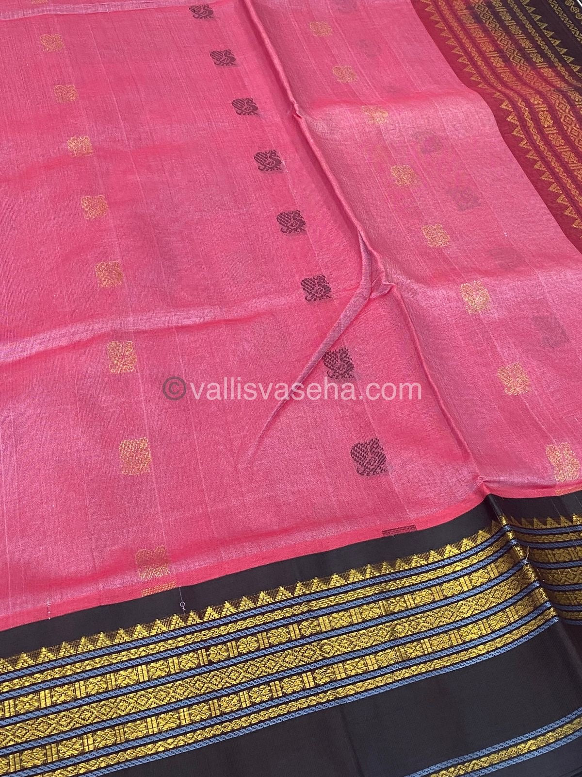 Pure Korvai Silk Cotton Saree - Onion Pink with Coffee Brown - Retta Petta border - VVKSC004