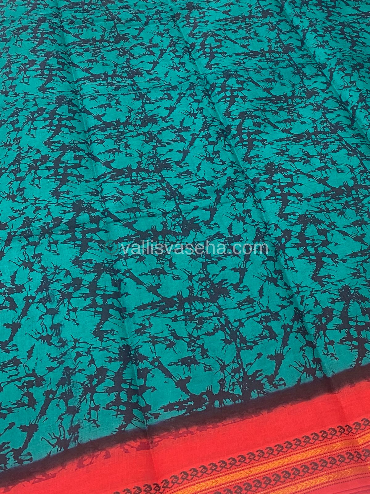 Sungudi Cotton Saree | Cloud Print - Peacock Green with Peachish Red Shade - VVSCV004