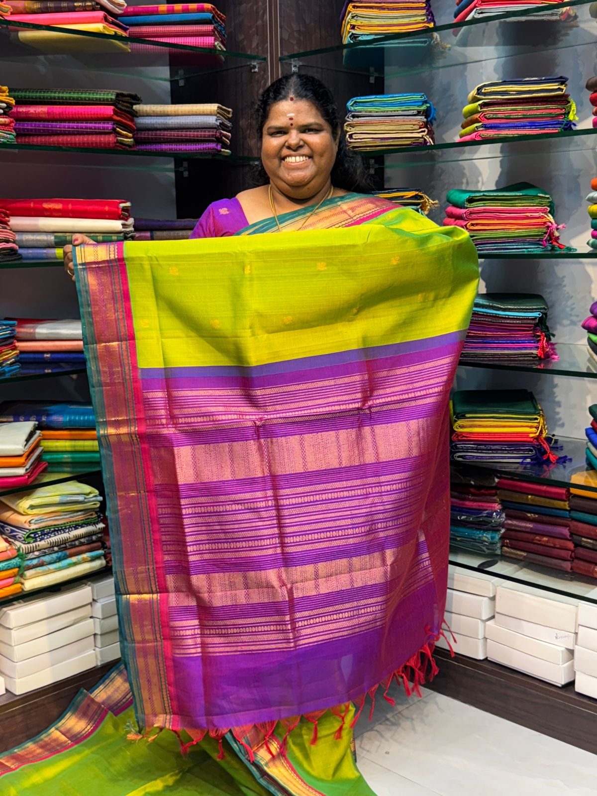 Pure Korvai Silk Cotton Saree - Sneha Green With Purple Combo - VVKSC004