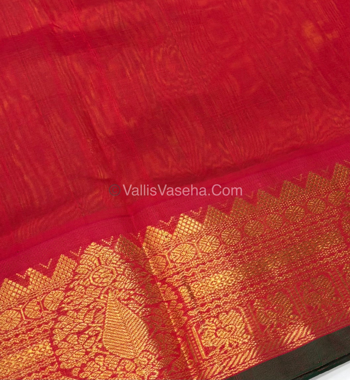 Pure Korvai Silk Cotton Saree - Sneha Green with Red - VVKSC019