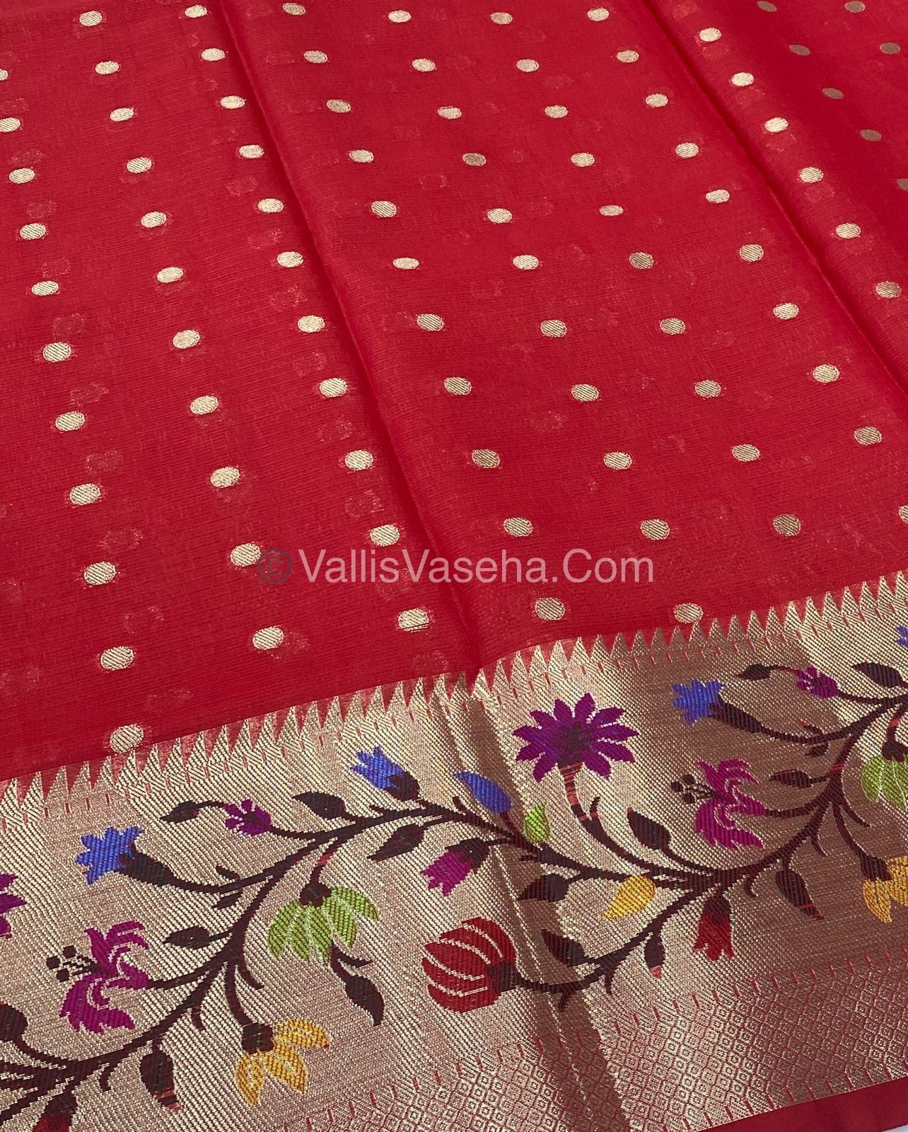 Kota Saree - Paithani Border - Peach with Red - VVKPS001