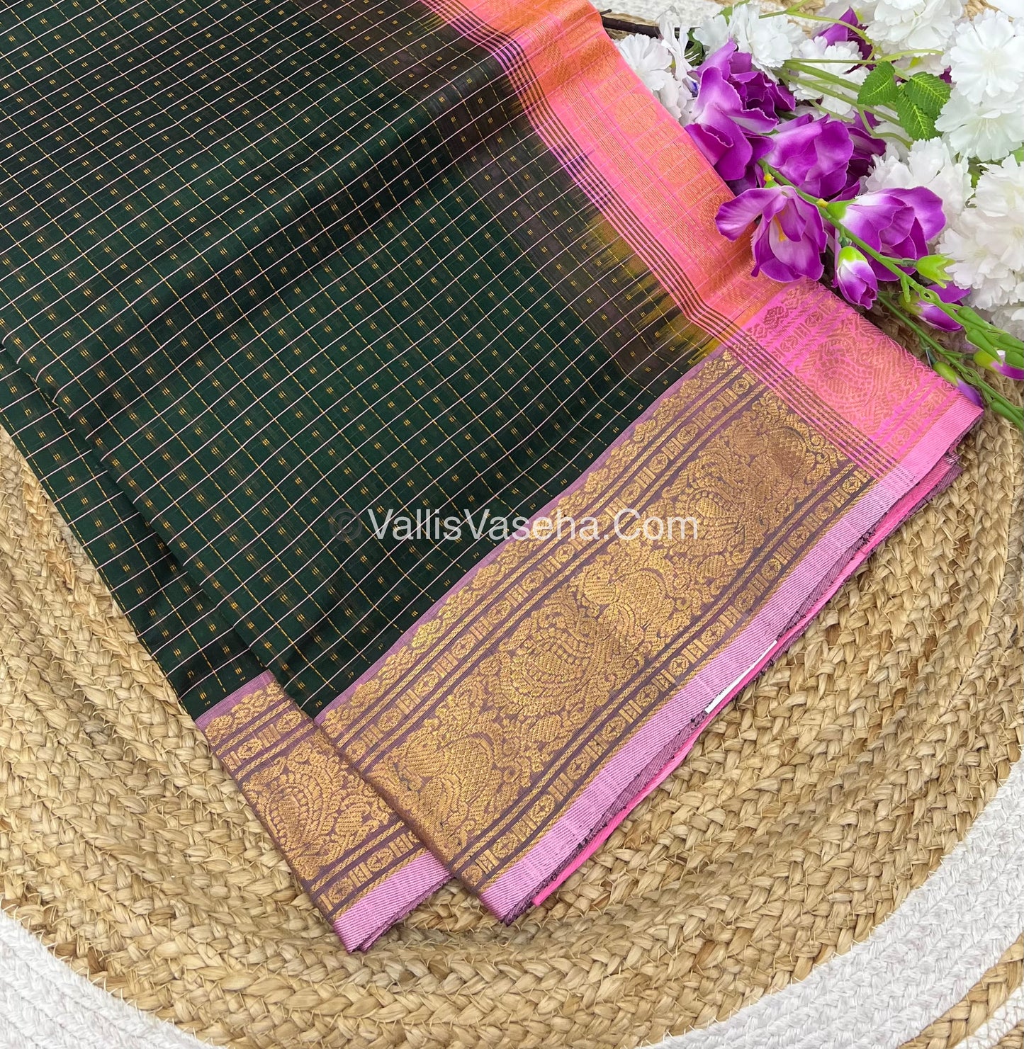 Pure Silk Cotton Saree - Dark Green With Peach Shade - Lakshadeepam Design - VVPLD001