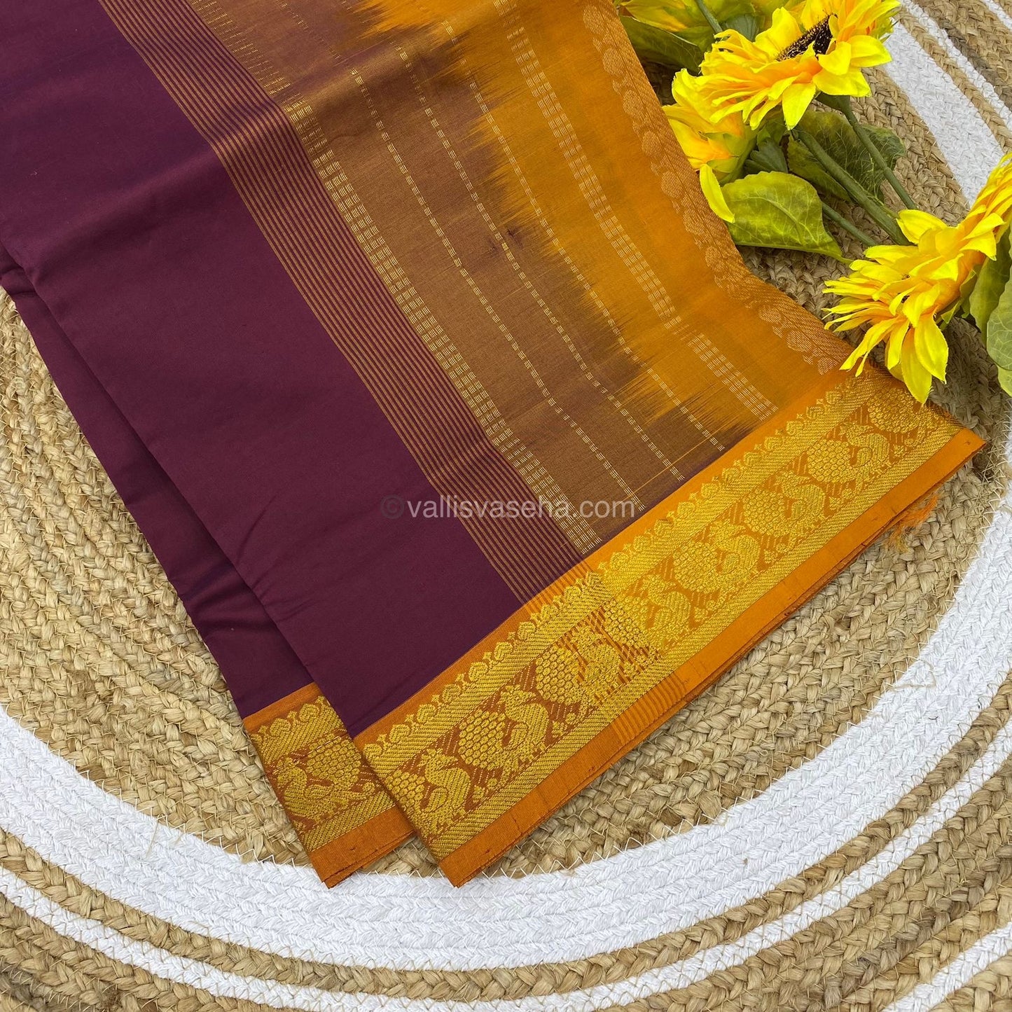 Semi Silk Cotton Saree - Dark Purplish Wine shade & Yellow Combo - VVSSC001