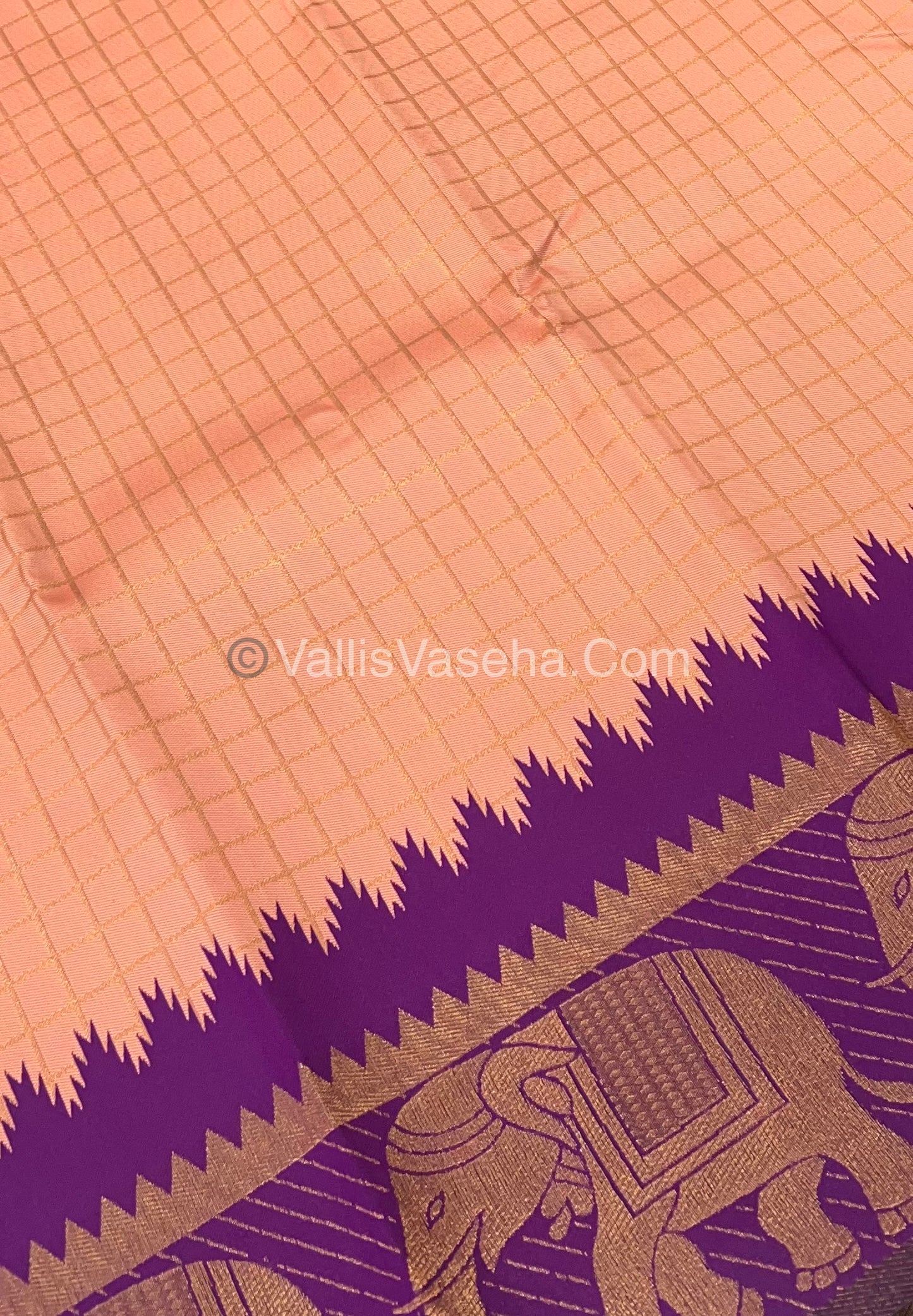 Semi Silk Saree - Kanchi Silk Style - Elephant Border - Peach with Purple - VVSSS005