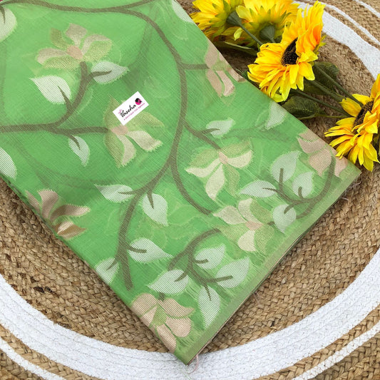 Semi Raw Silk with Jamdhani Design Weaving - Apple Green Shade - VVRS001