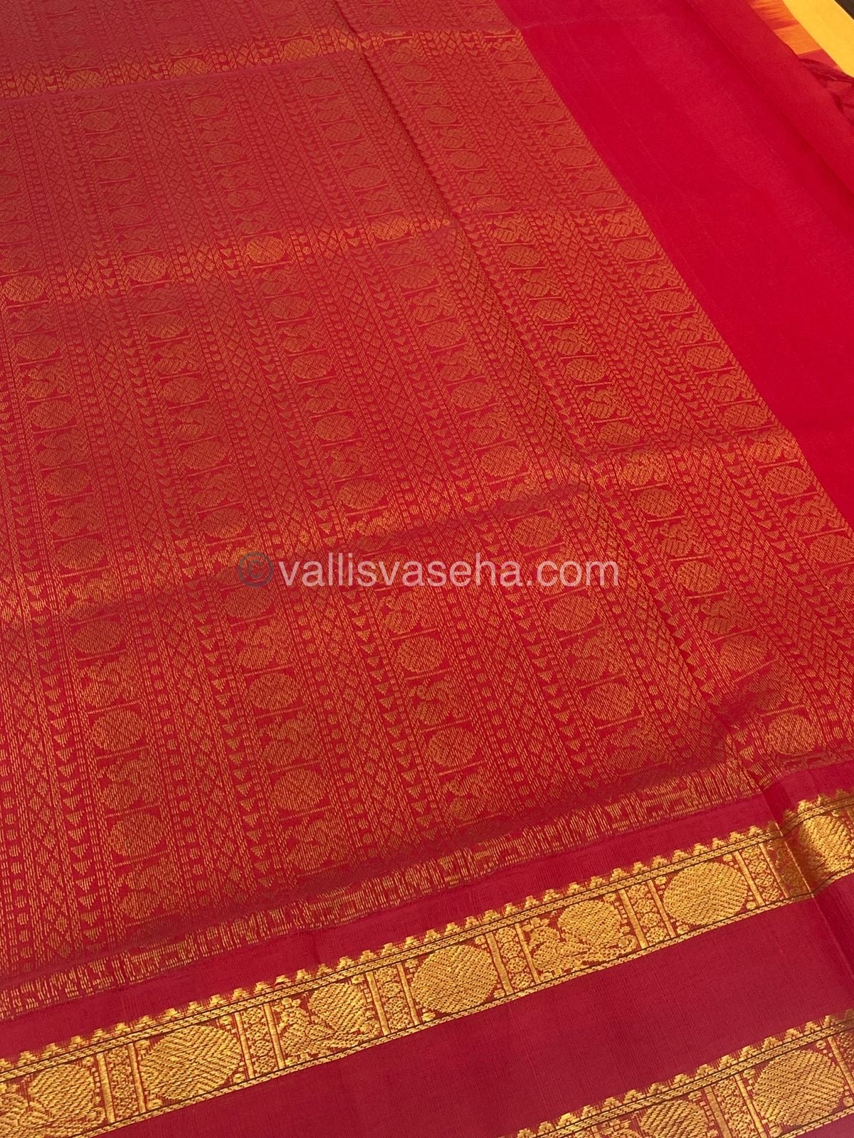 Pure Korvai Silk Cotton Saree - Dark Creamish Gold with Red - Retta Petta border - VVKSC004