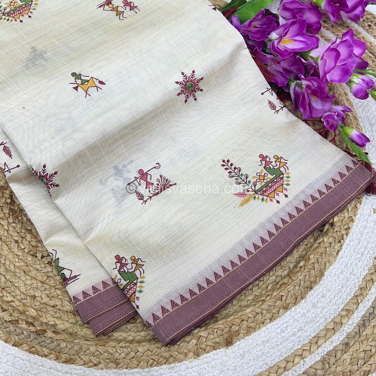 Semi Tussar Embroidery - Cream with Merun Combo - VVSTE001