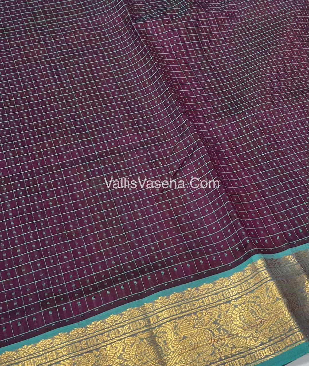 Pure Silk Cotton Saree - Maroonish Brown With Blue Shade - Lakshadeepam Design - VVPLD001