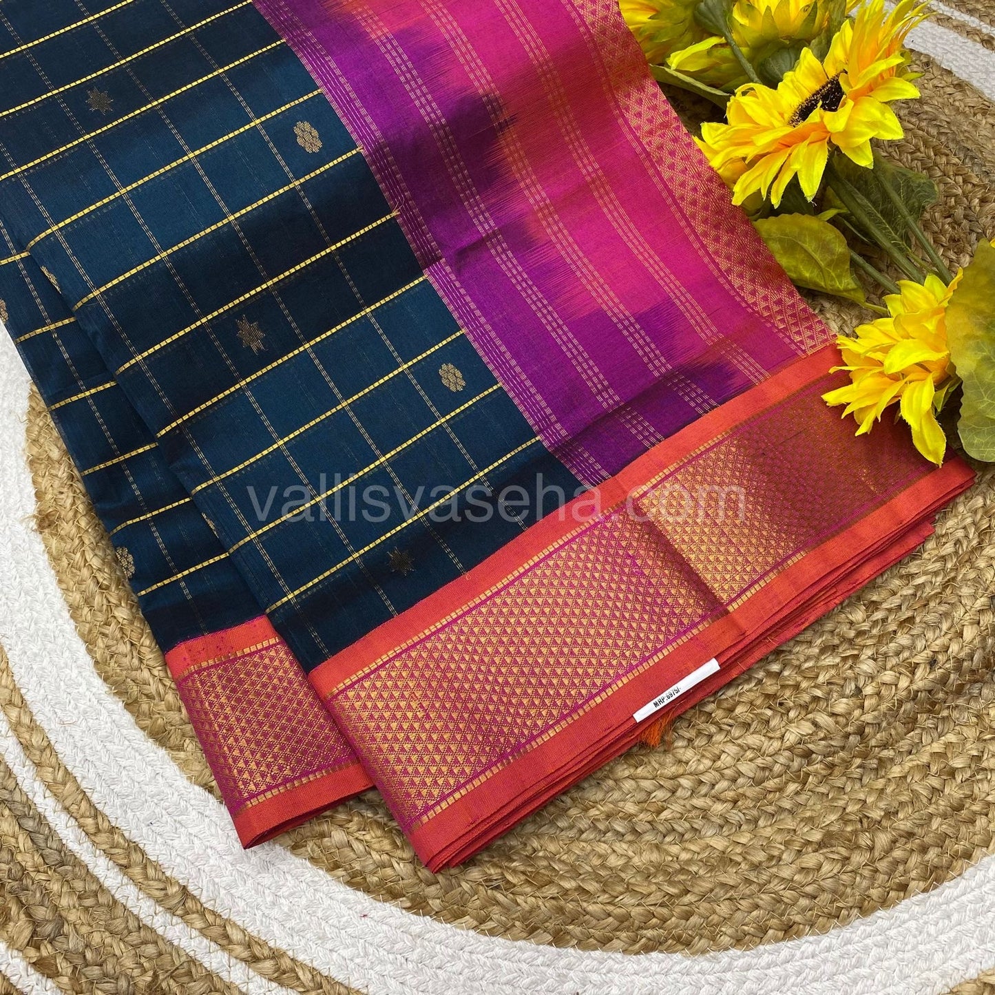 Pure Korvai Silk Cotton - Checks Pattern - Double tone Blue with Peachish Pink Shade - VVKSC015