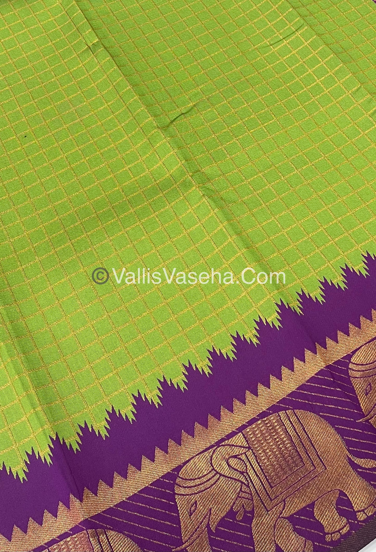 Semi Silk Saree - Kanchi Silk Style - Elephant Border - Green with Purple- VVSSS005