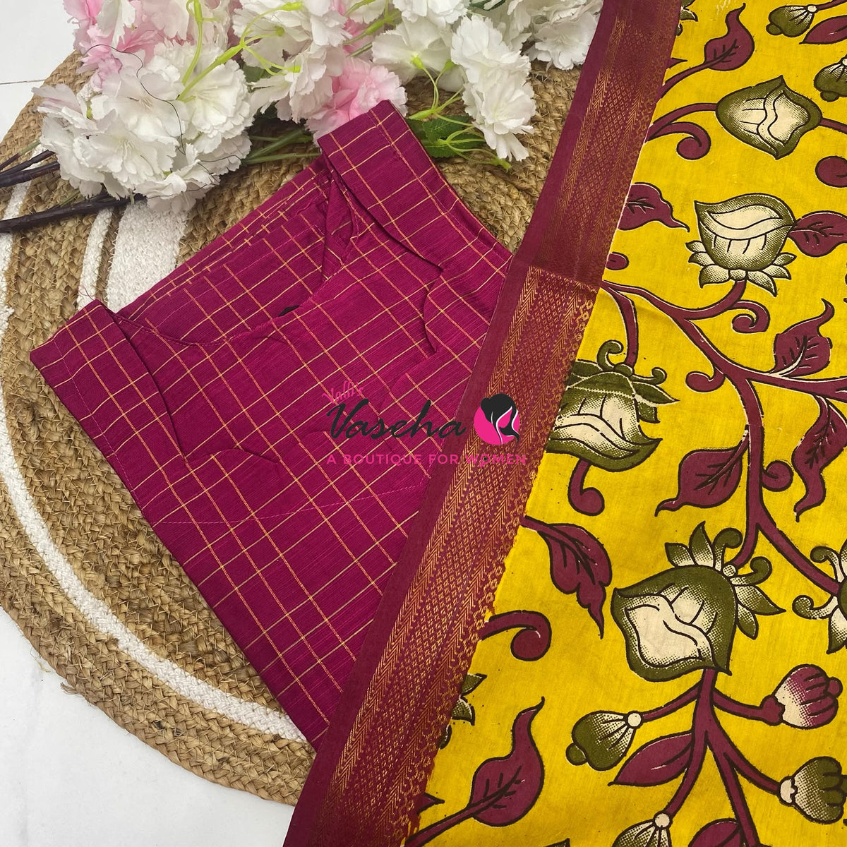 Ready Made - Semi Raw Silk Kurti with Chennur Silk Kalamkari Duppatta - Pink Shade - 2pc Set - VVSRK002