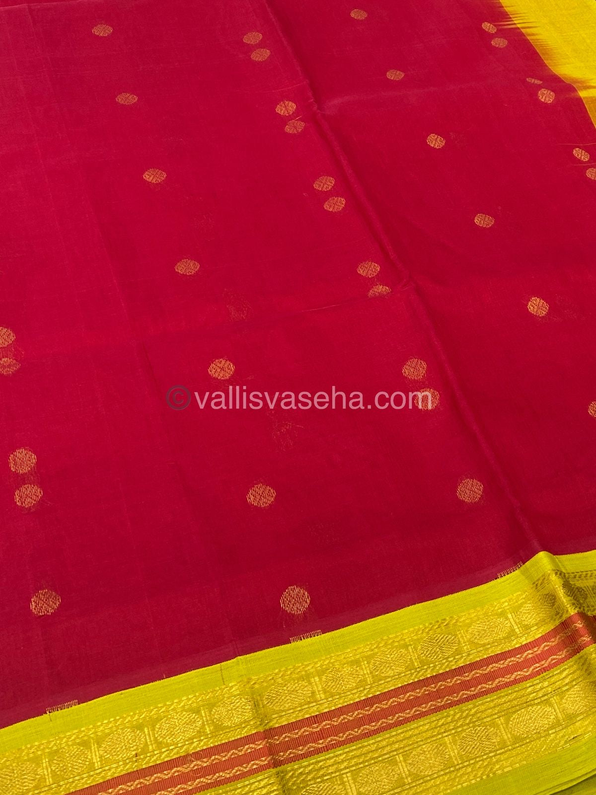 Pure Korvai Silk Cotton Saree - Red with Lemon Yellow - VVKSC004