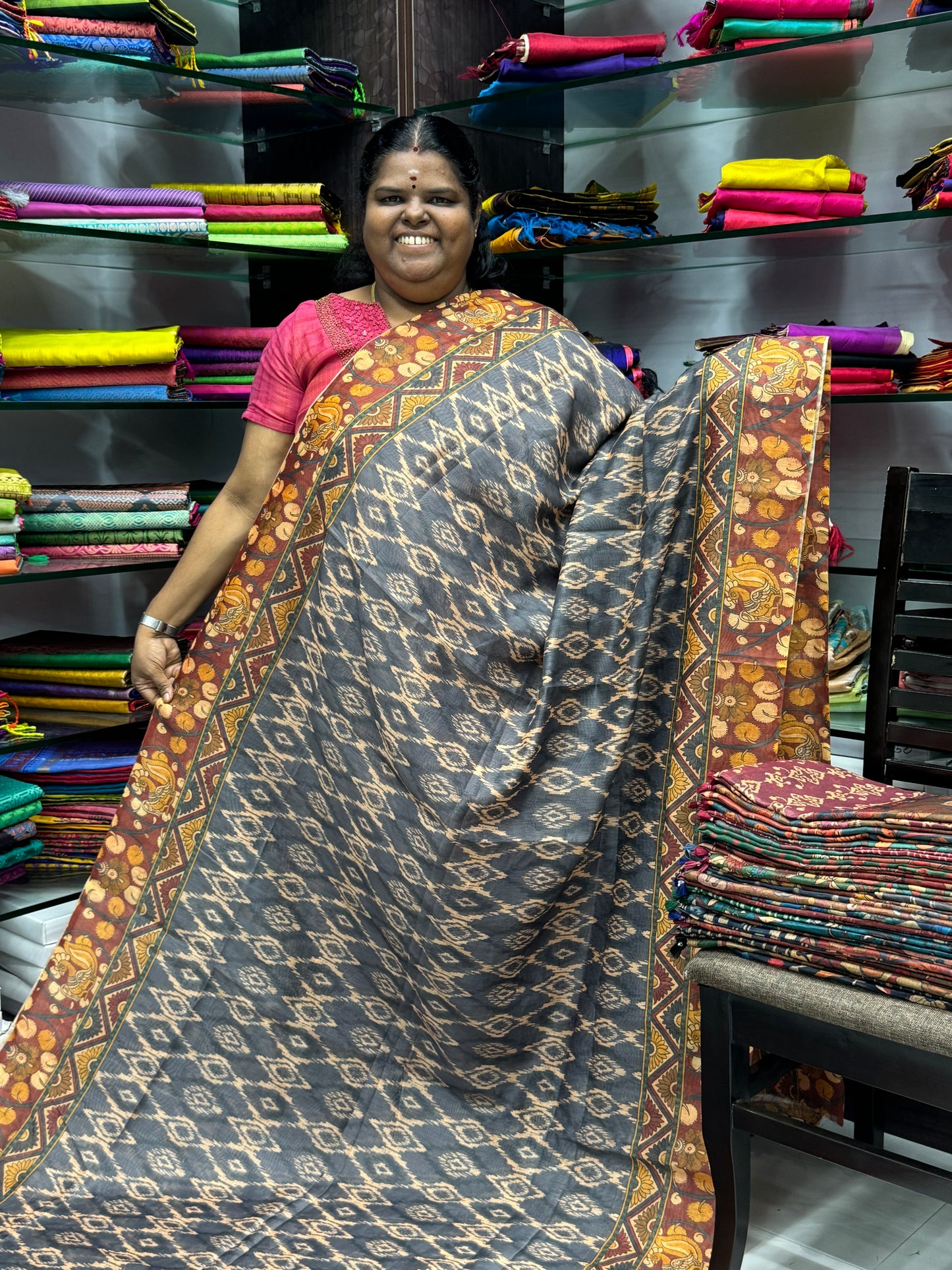 Chanderi Mixed Cotton Saree - Ikkat & kalamkari design - VVCC002