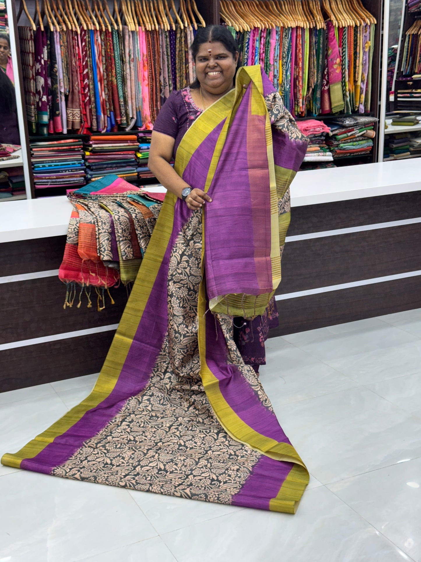 Semi Tussar - Purple & Green Border - VVSTS005