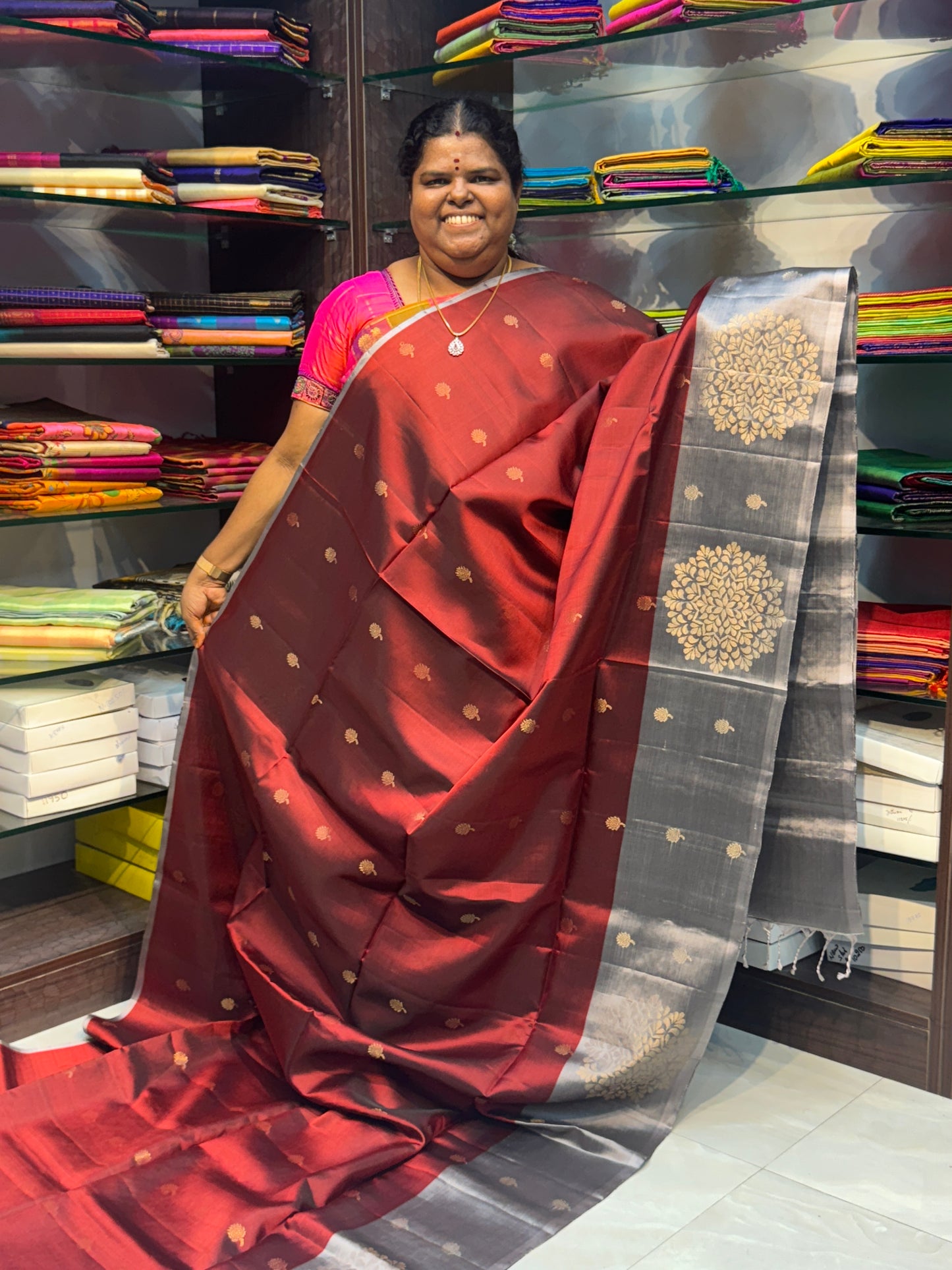 Pure Soft Silk Saree - Merun with Grey Combo - VVPSS023