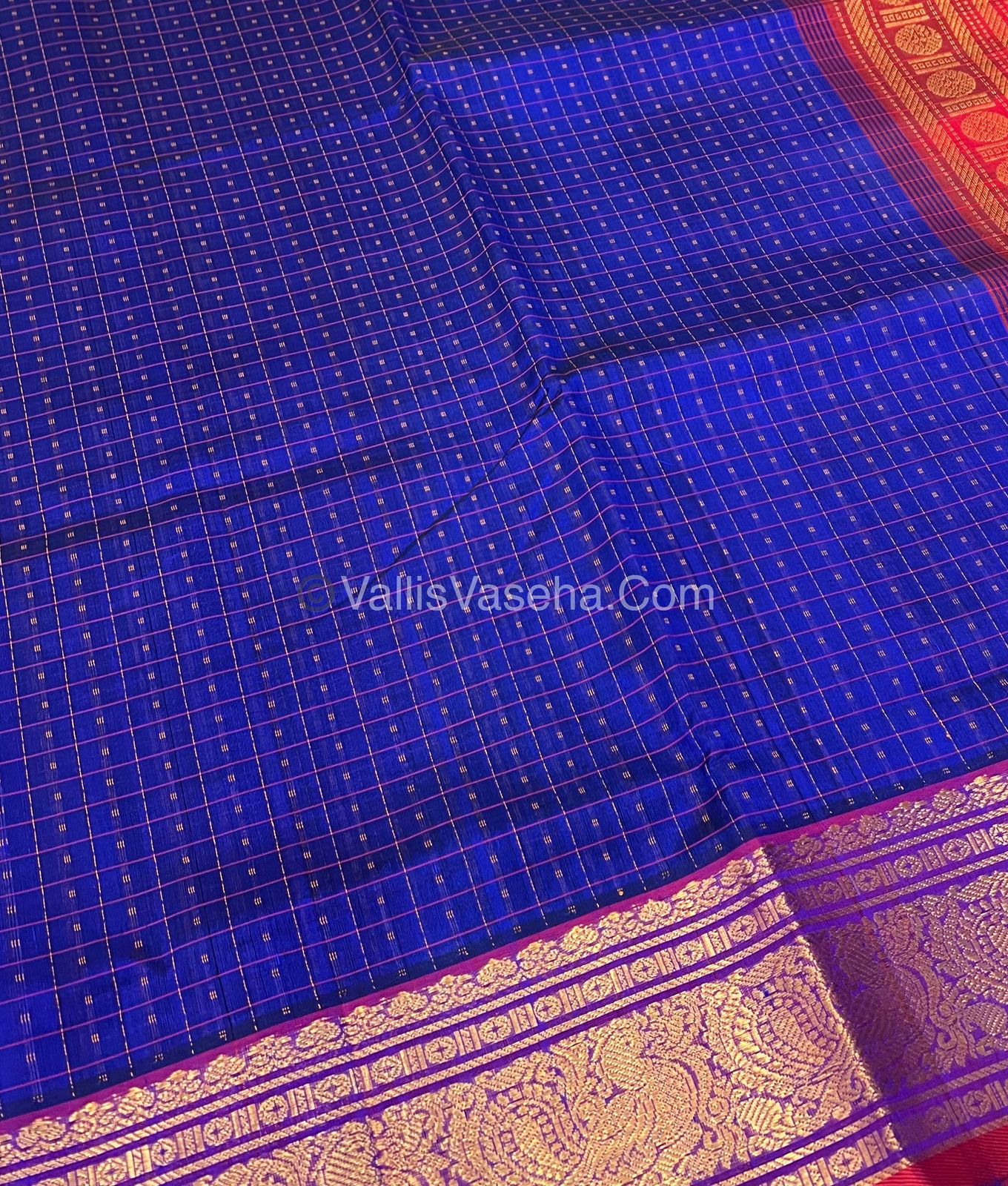 Pure Silk Cotton Saree - Blue With Red Shade - Lakshadeepam Design - VVPLD001