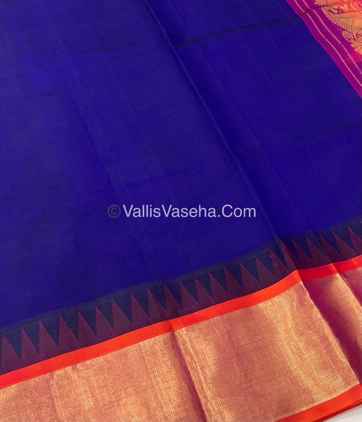 Pure Korvai Silk Cotton Saree - Blue With Peach Shade Temple border - VVKSC001