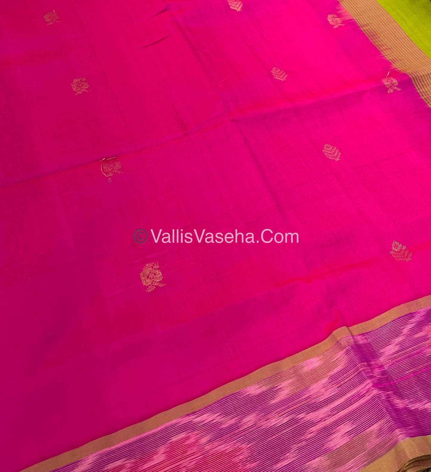 Semi Silk Cotton Saree - Peachish Pink & Green - VVSSC001