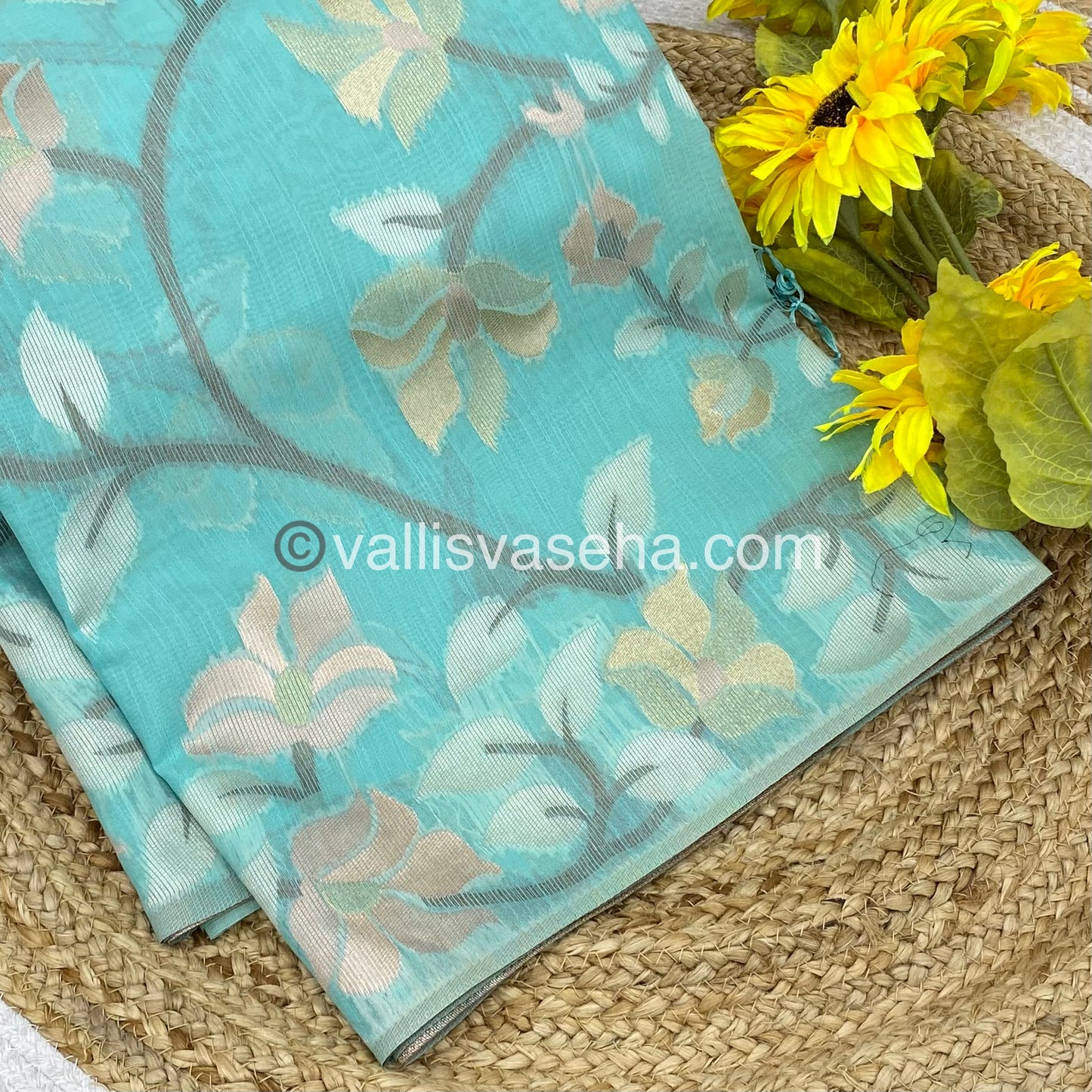Semi Raw Silk with Jamdhani Design Weaving - Sea Blue Shade - VVRS001