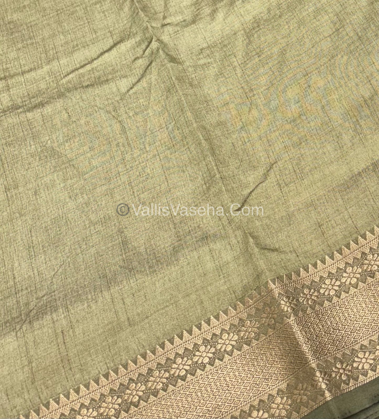 Semi Tussar Silk - Grand Pallu - Olive Green Shade - VVSTS017
