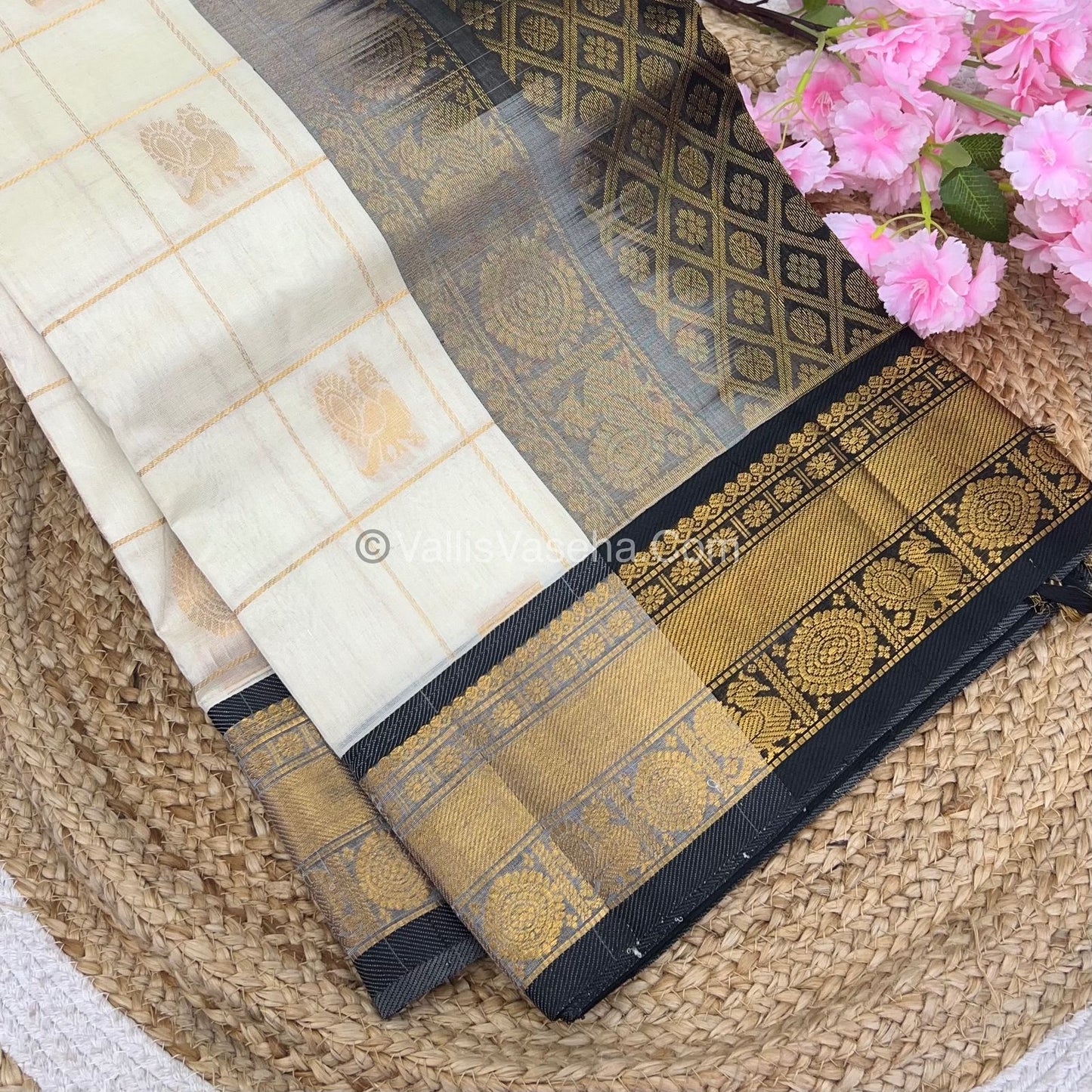 Pure Silk Cotton Saree - Mayil & Chakkaram Design - Cream With Black Shade - VVMC001