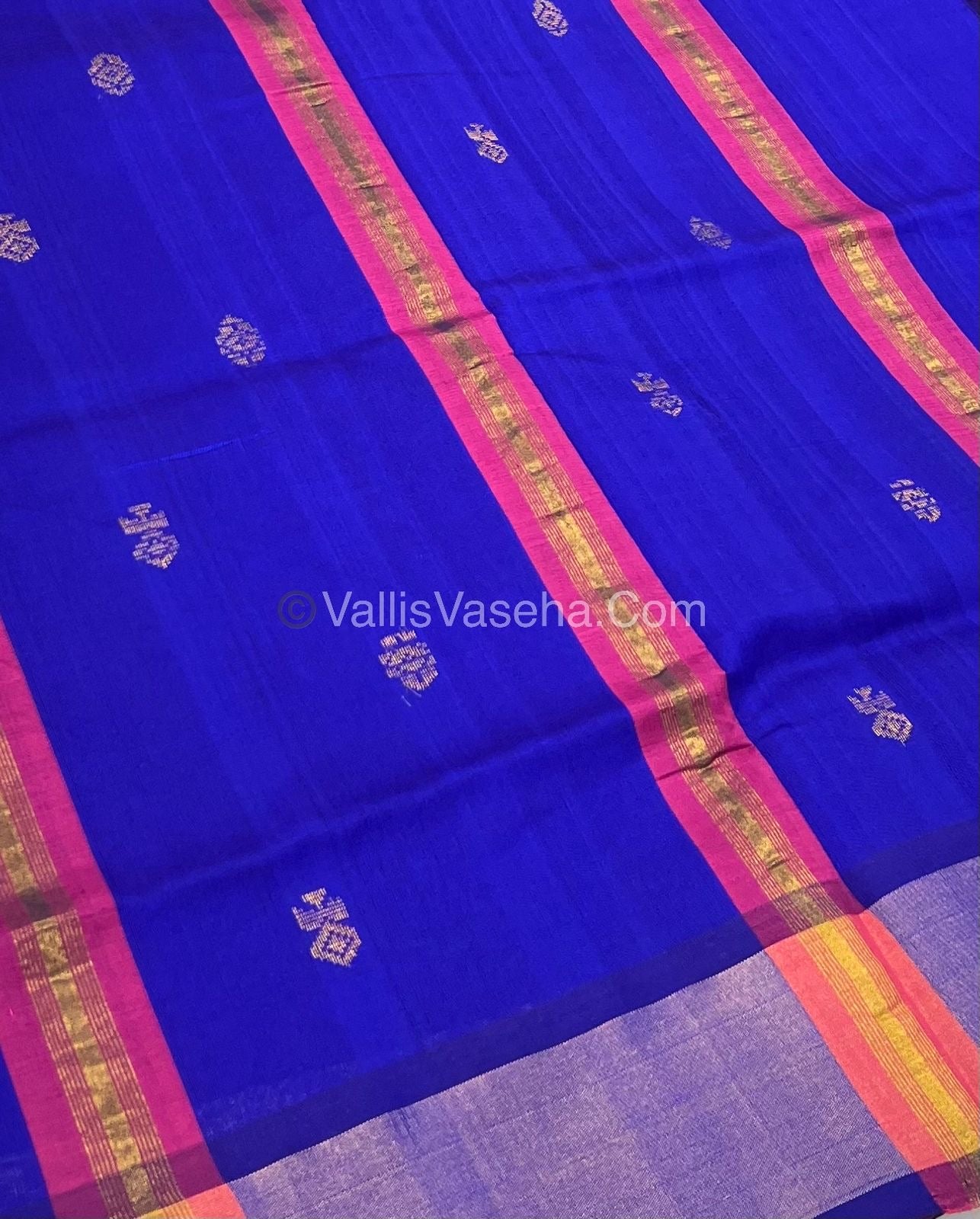 Semi Silk Cotton Saree - Peachish Pink & Blue Combo - VVSSC001
