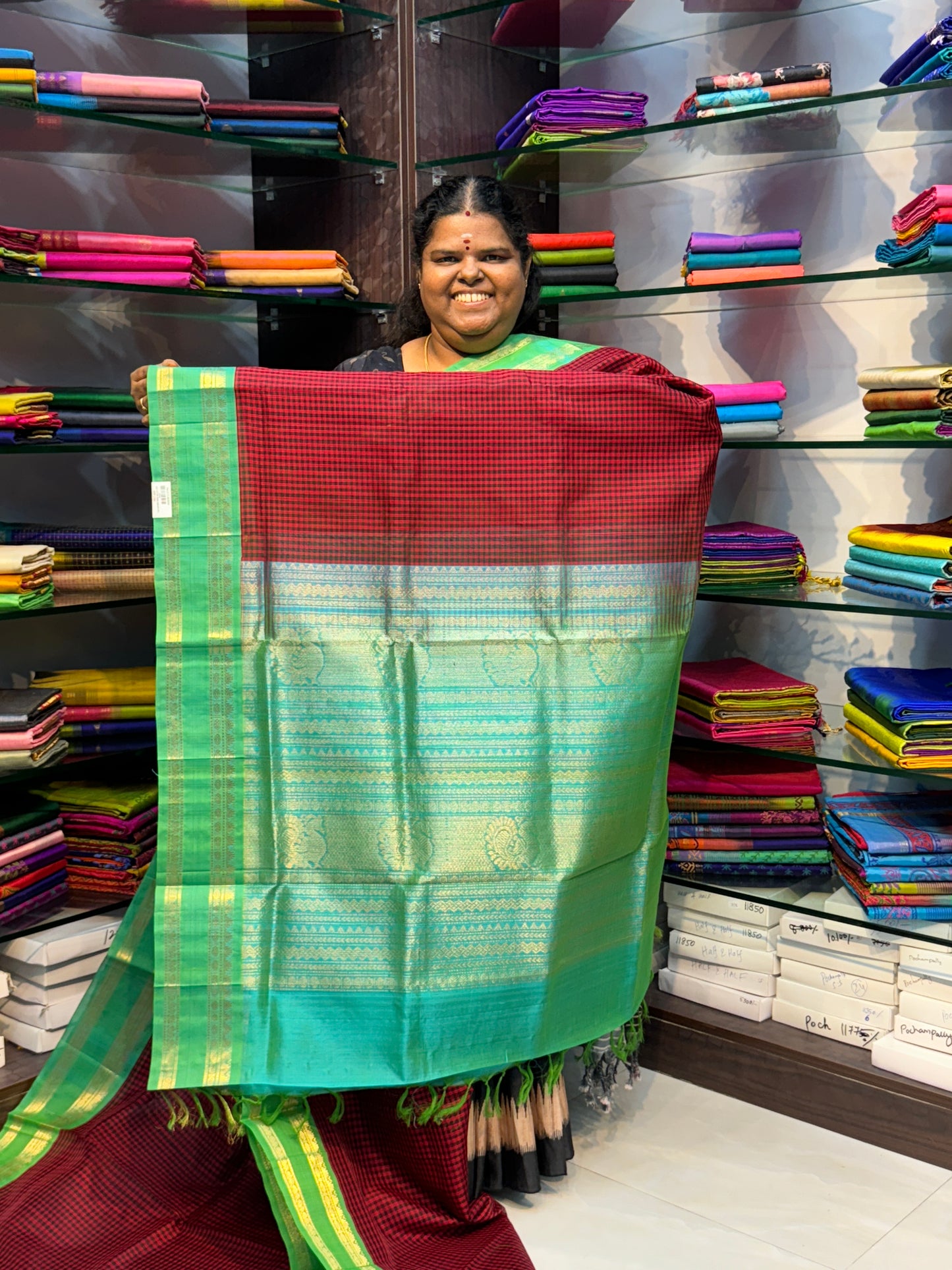 Pure Korvai Silk Cotton - Podi Kattam - Merun & Black with Teal Green - Retta Petta Border - VVKSC003