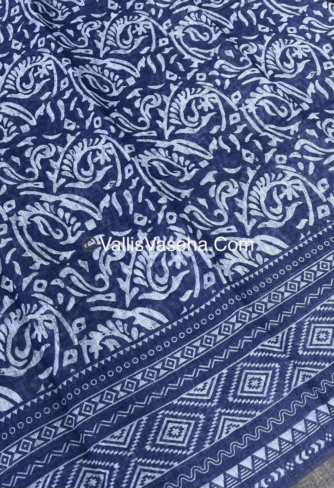 Linen Mixed Cotton Saree - Indigo Blue - Printed - VVLMP001