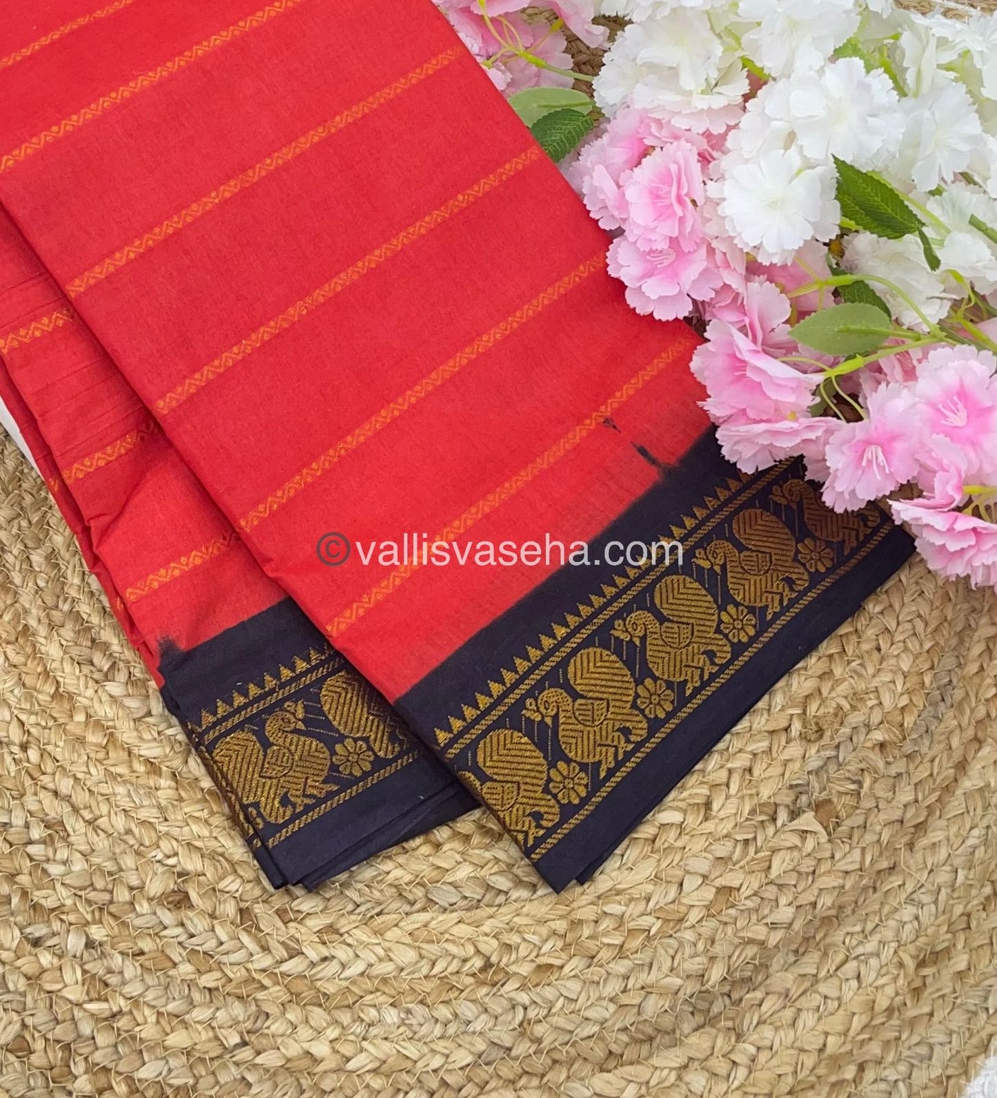 Sungudi Cotton Saree | Velthari Design -Peachish Red with Dark Navy Blue Shade - VVSCV001