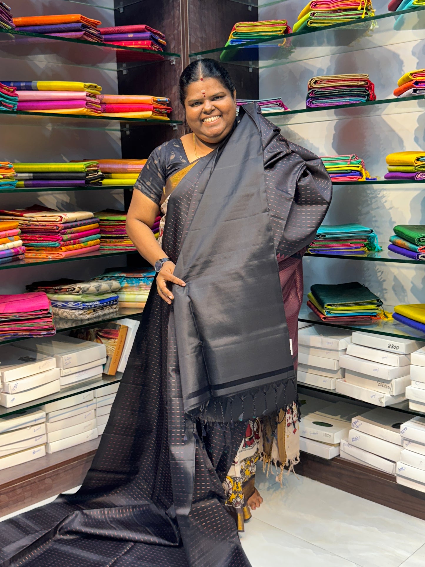 Pure Soft Silk Saree - Black - Rain Drop Design - VVPSS023