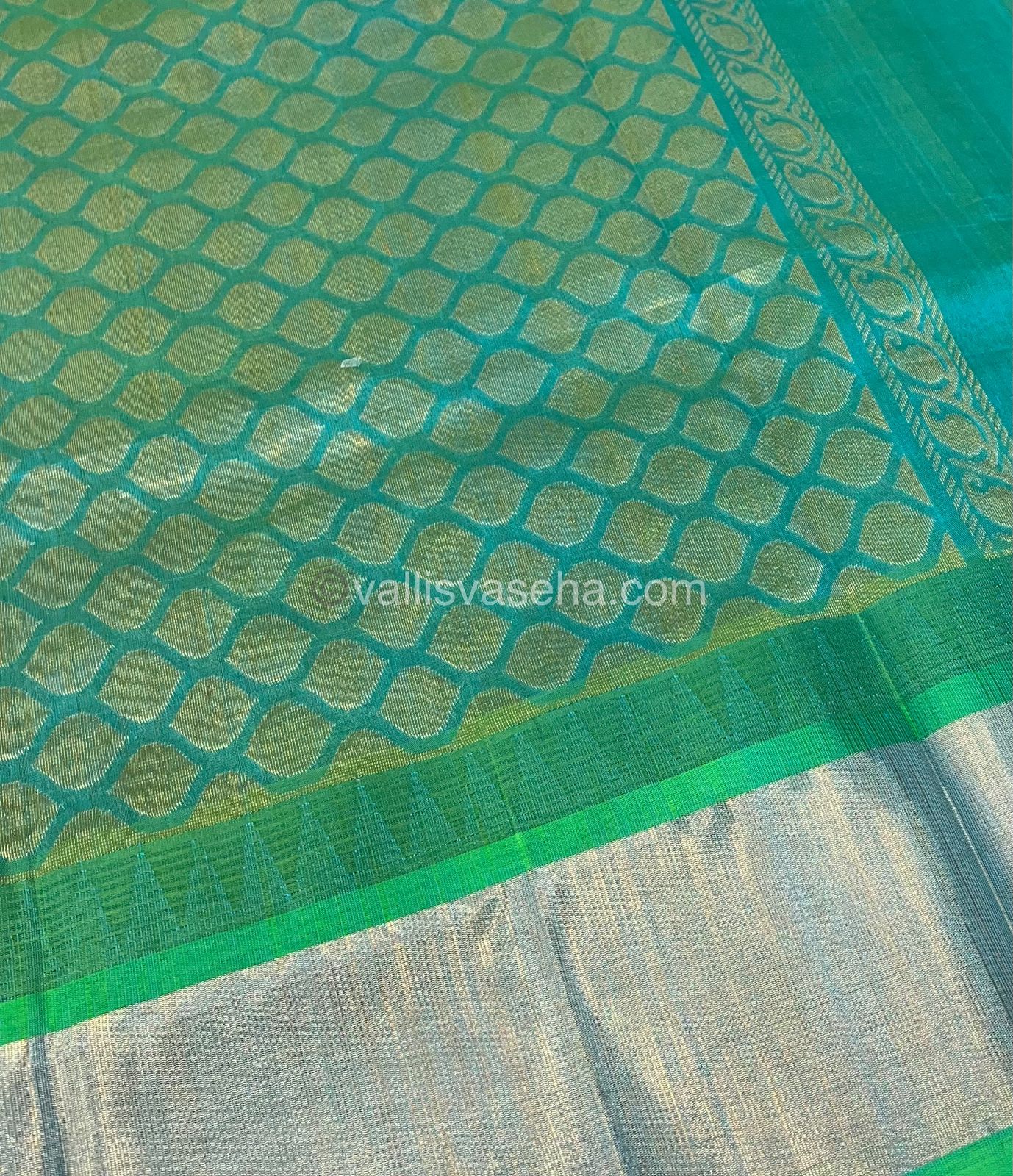 Pure Korvai Silk Cotton Saree -  Lemon Yellow With Blue Shade Temple border - VVKSC001