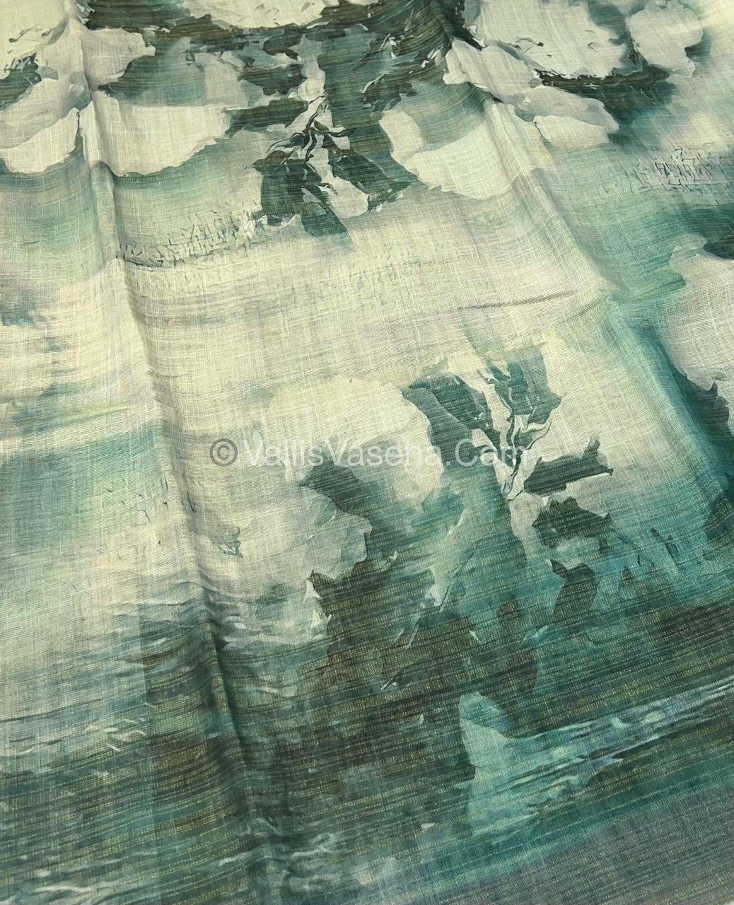Tissue Linen Saree - Cloud Design - Green Shade - VVTLS002