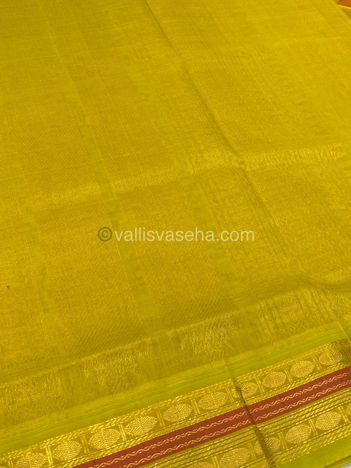 Pure Korvai Silk Cotton Saree - Red with Lemon Yellow - VVKSC004