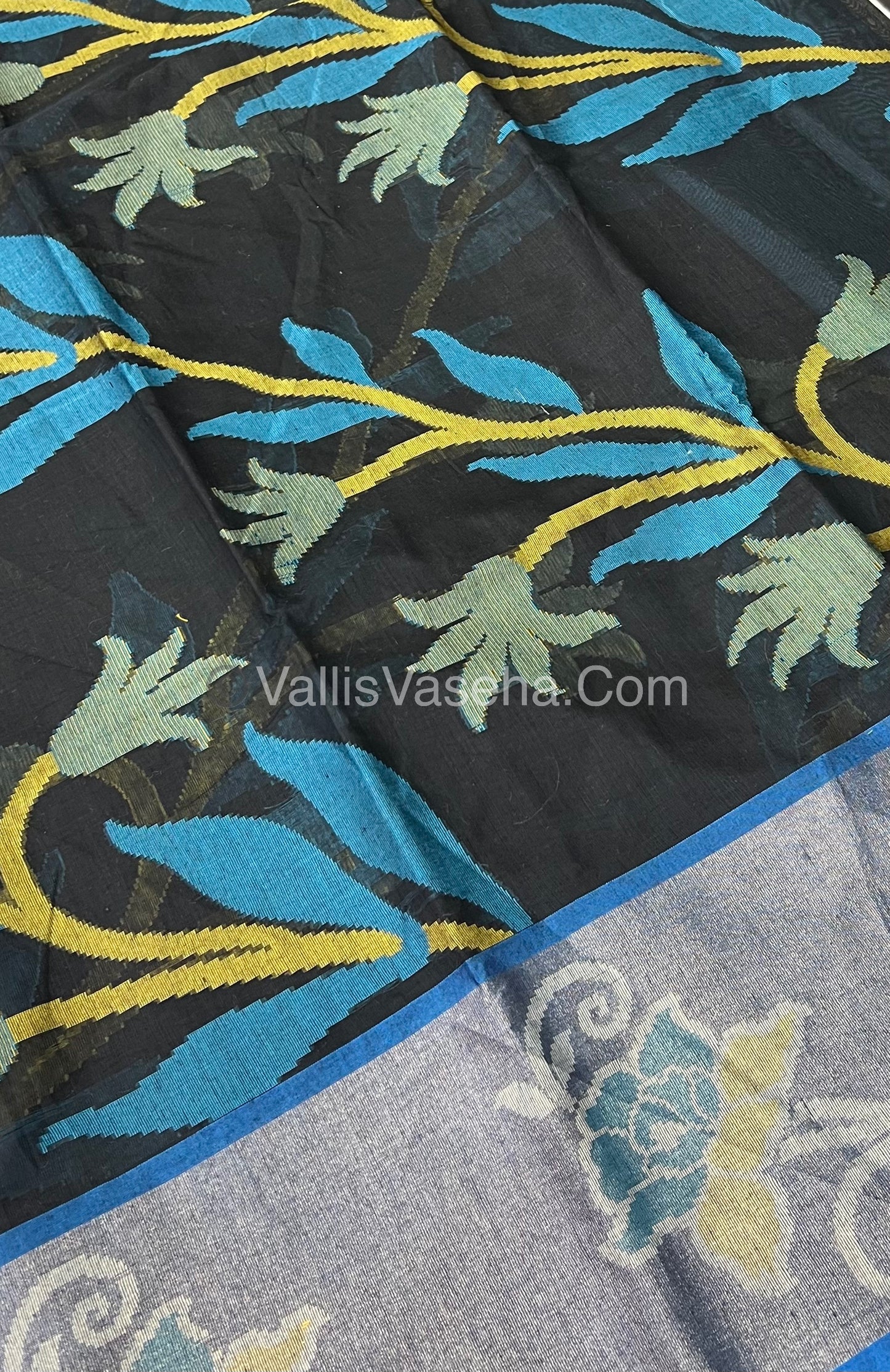 Banarasi Pochampally Weaving Semi Soft Cotton Saree - Black with Blue - VVBPS001