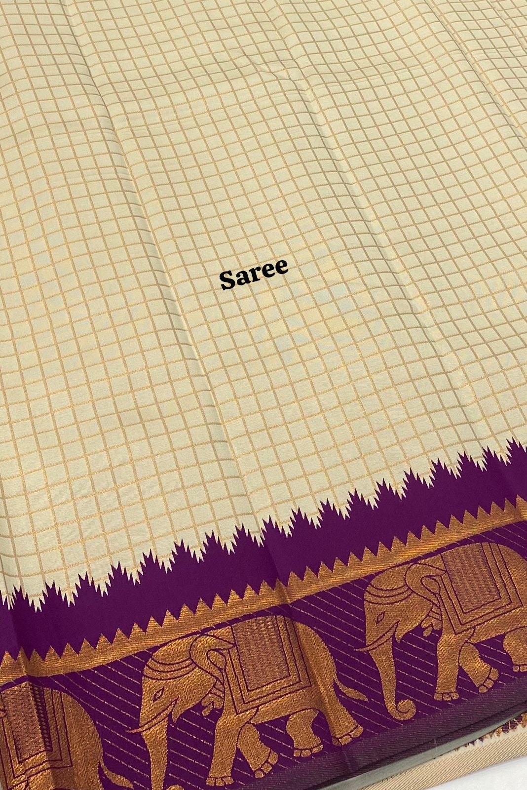 Semi Silk Saree - Kanchi Silk Style - Elephant Border - Creamish Grey with Purple - VVSSS005