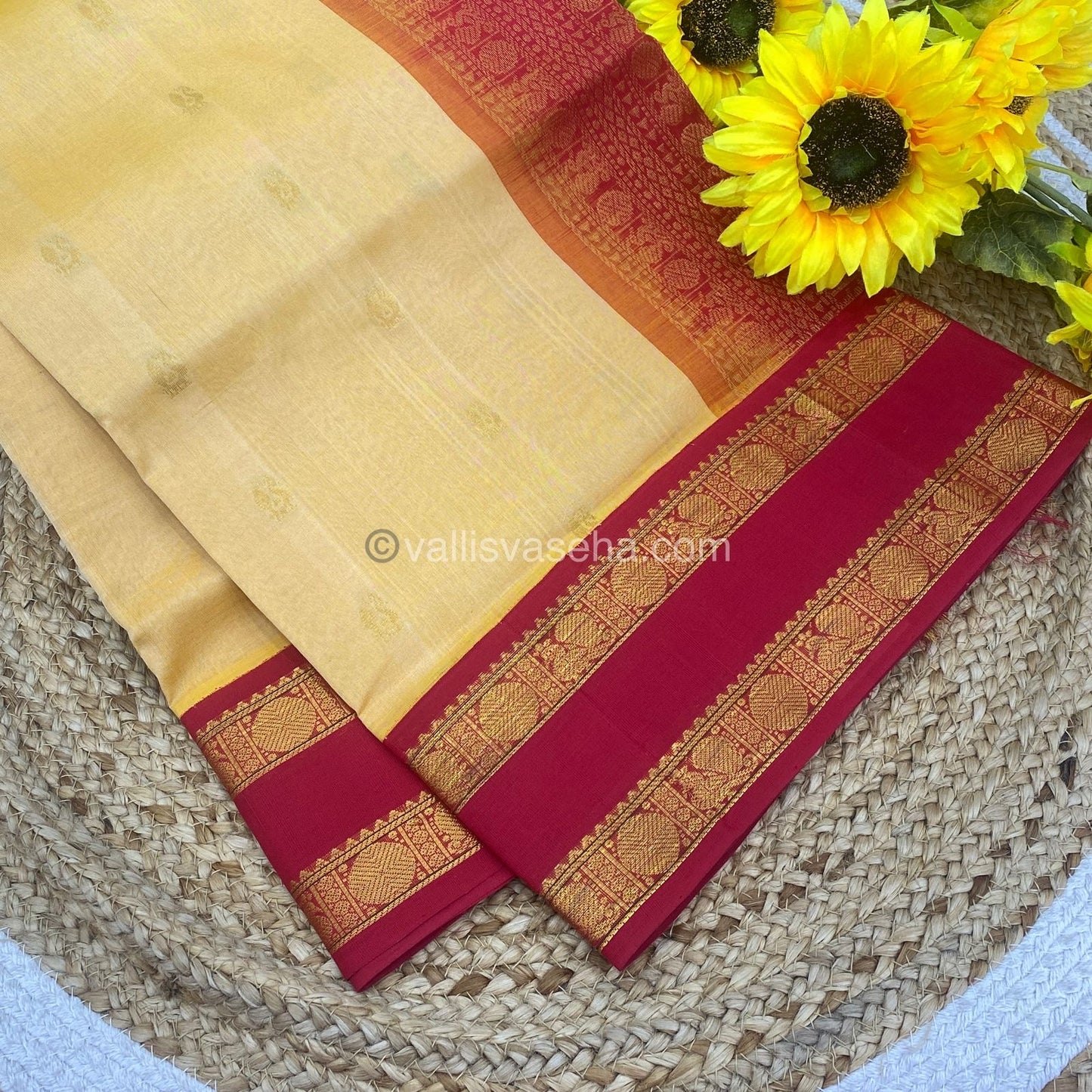 Pure Korvai Silk Cotton Saree - Creamish Gold with Red - Retta Petta border - VVKSC004