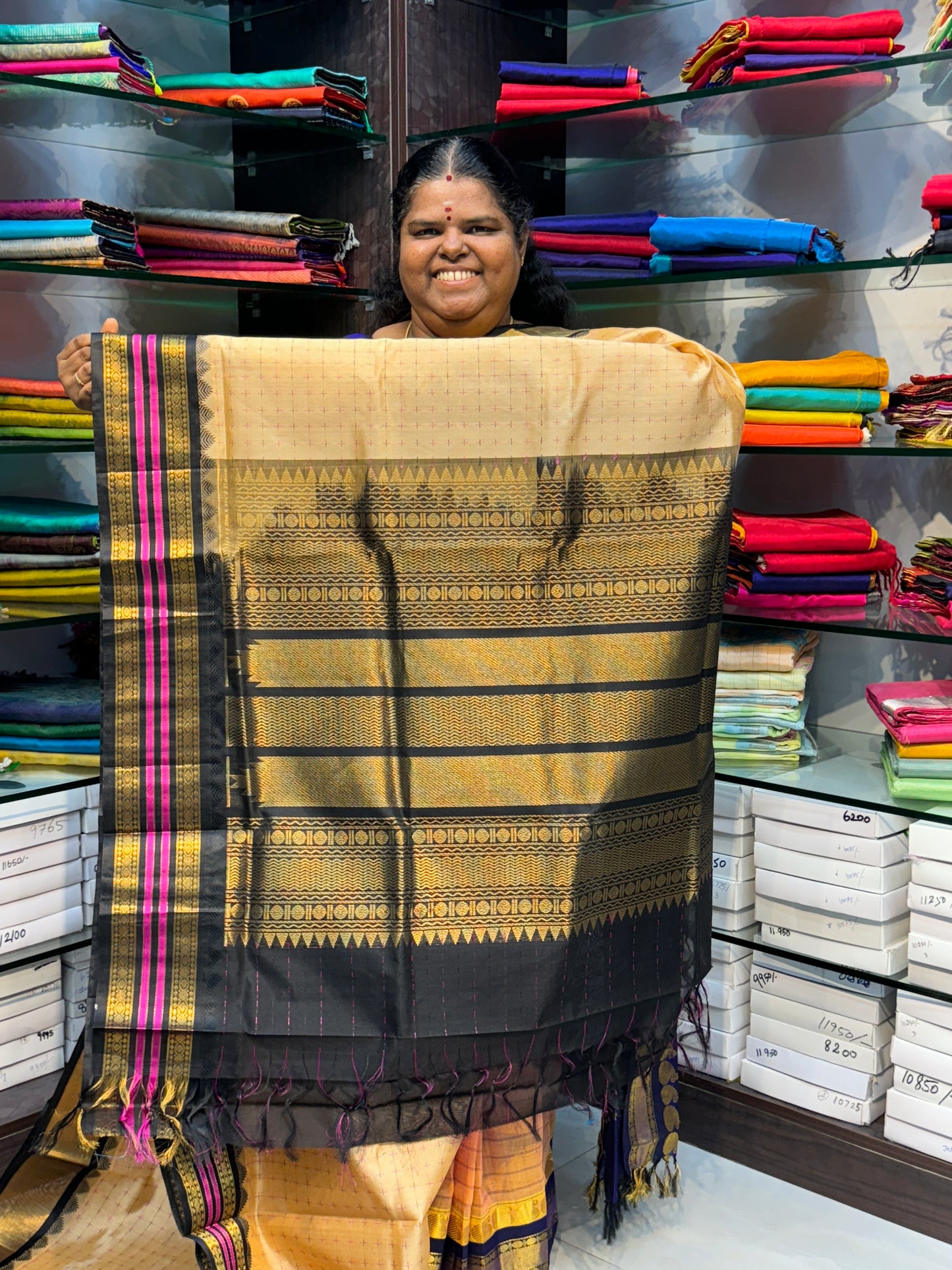 Pure Korvai Silk Cotton - Cream with Black - VVKSC012